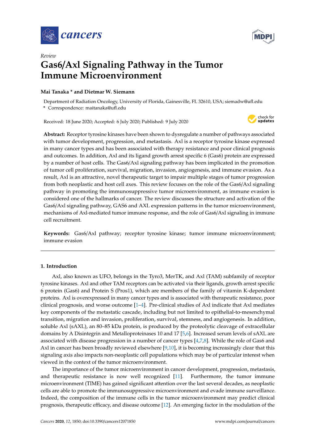 Gas6/Axl Signaling Pathway in the Tumor Immune Microenvironment