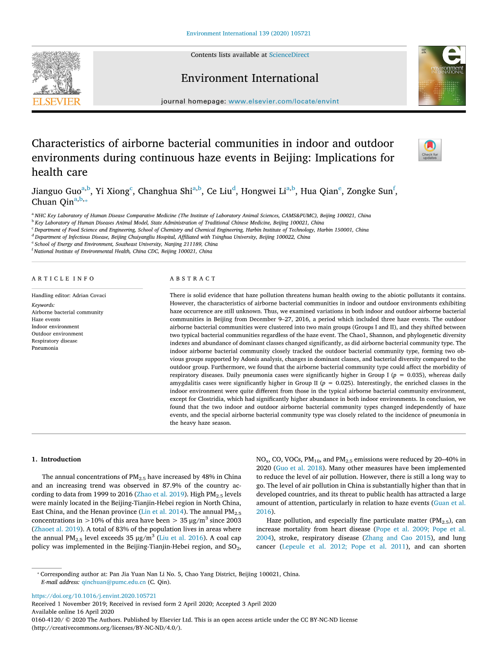 Characteristics of Airborne Bacterial Communities in Indoor and Outdoor Environments During Continuous Haze Events in Beijing I