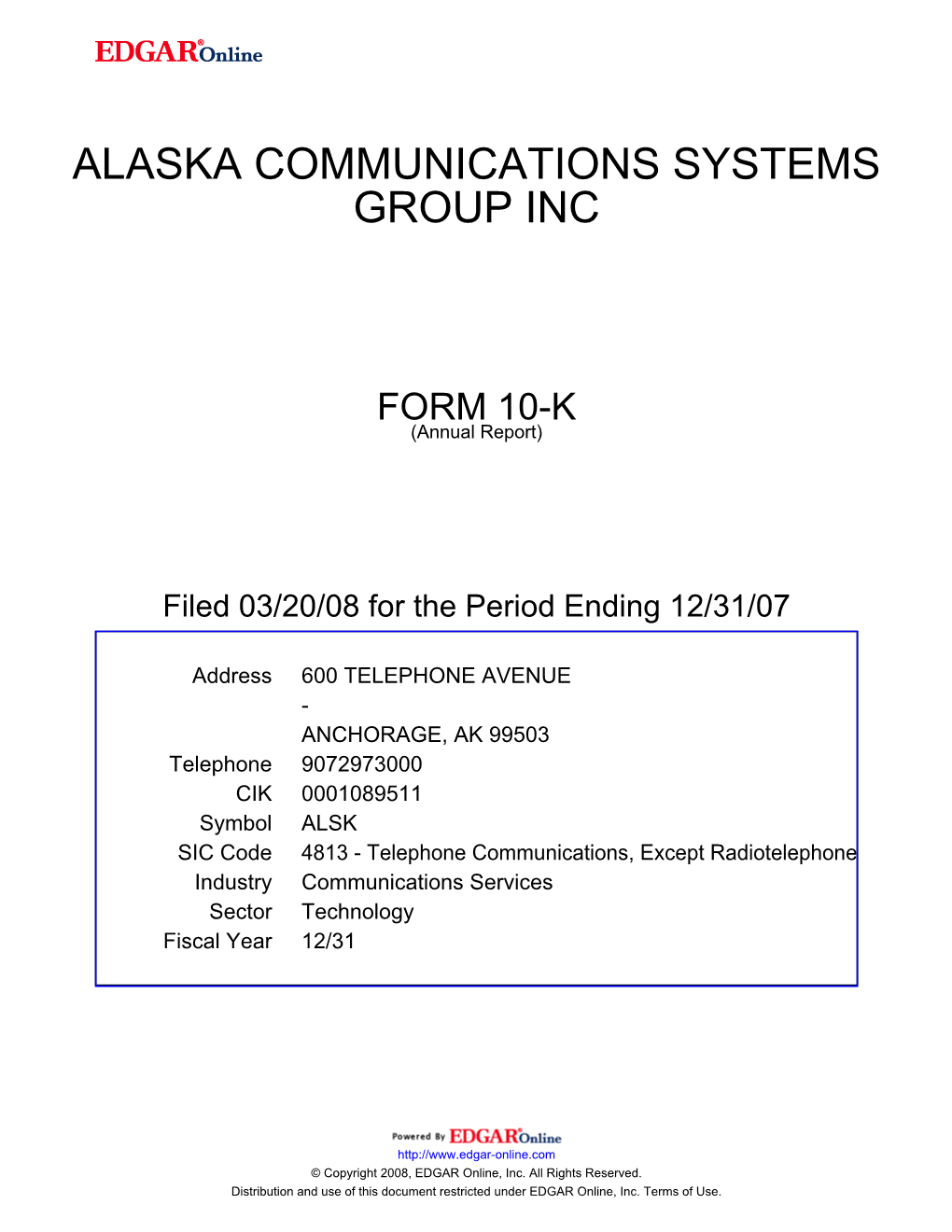 Alaska Communications Systems Group Inc