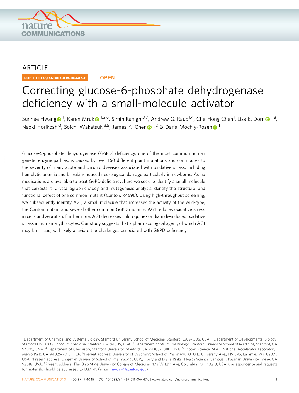 Correcting Glucose-6-Phosphate Dehydrogenase Deficiency with a Small-Molecule Activator