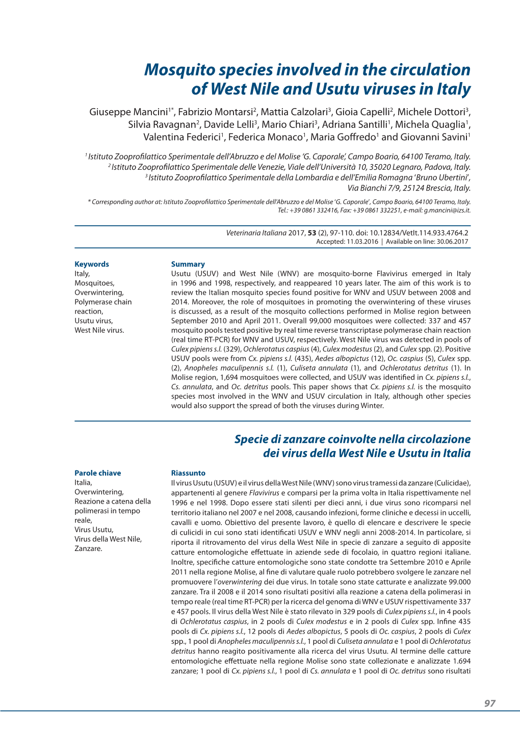 Mosquito Species Involved in the Circulation of West Nile and Usutu