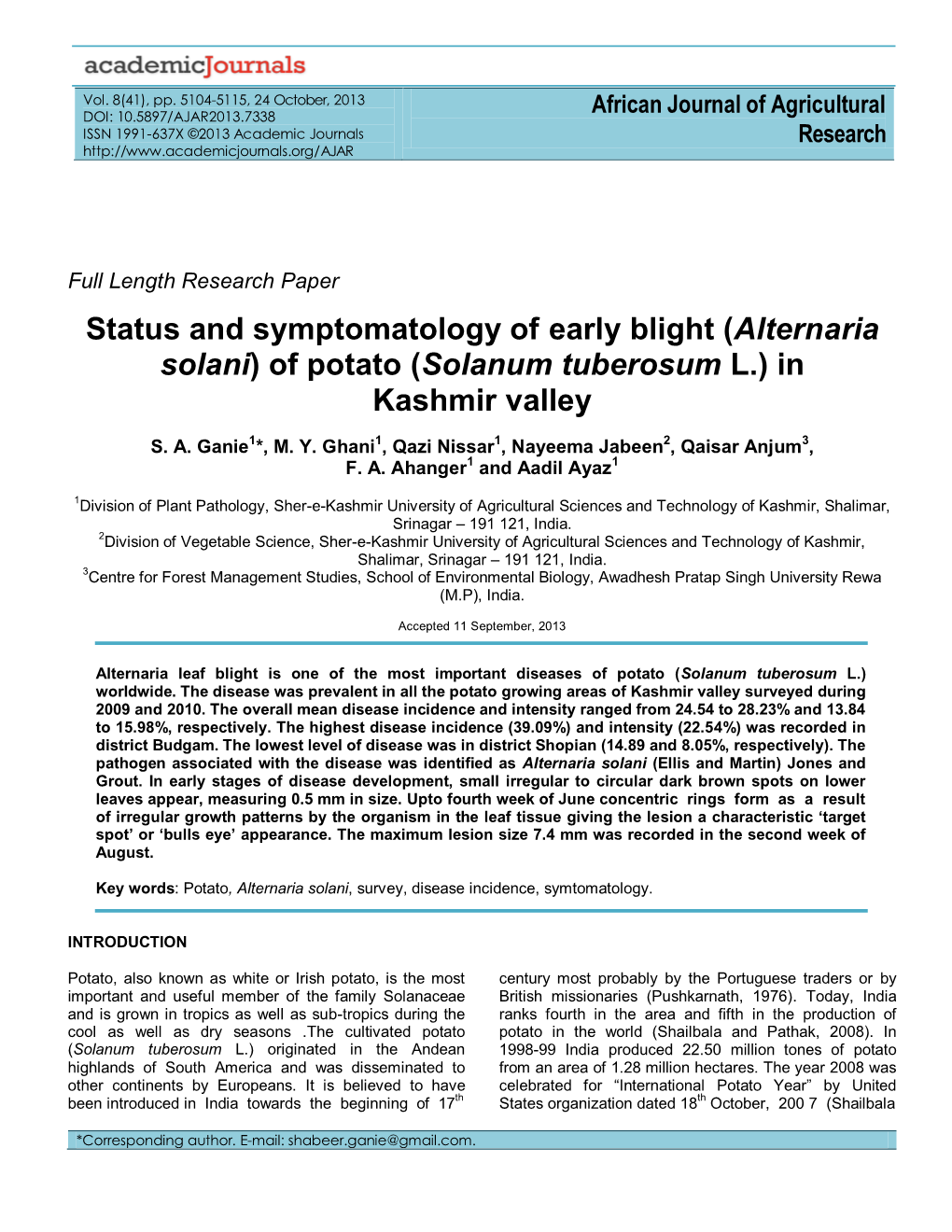 Status and Symptomatology of Early Blight (Alternaria Solani) of Potato (Solanum Tuberosum L.) in Kashmir Valley