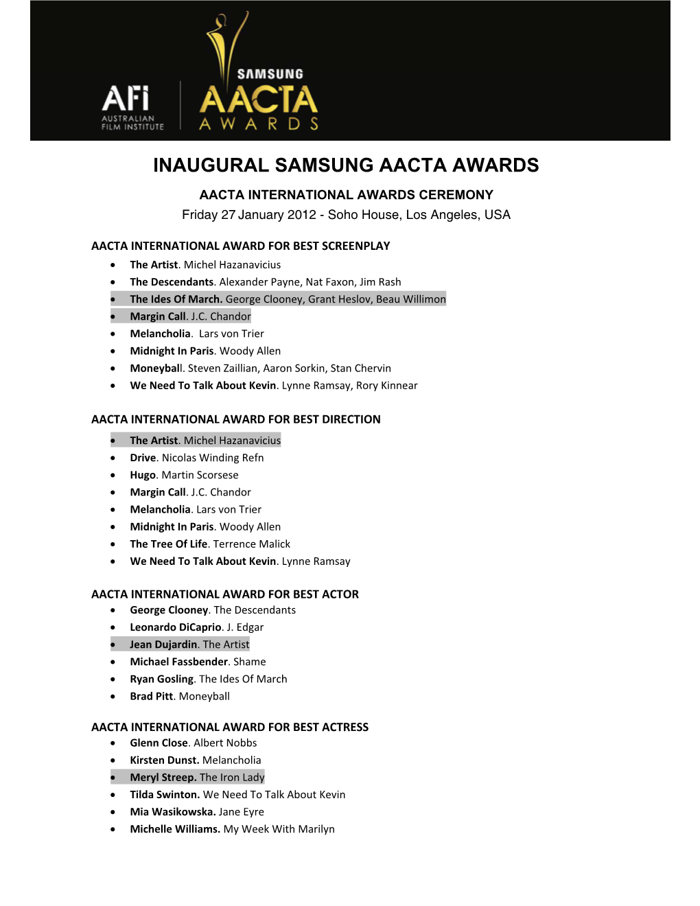 Inaugural Samsung Aacta Awards