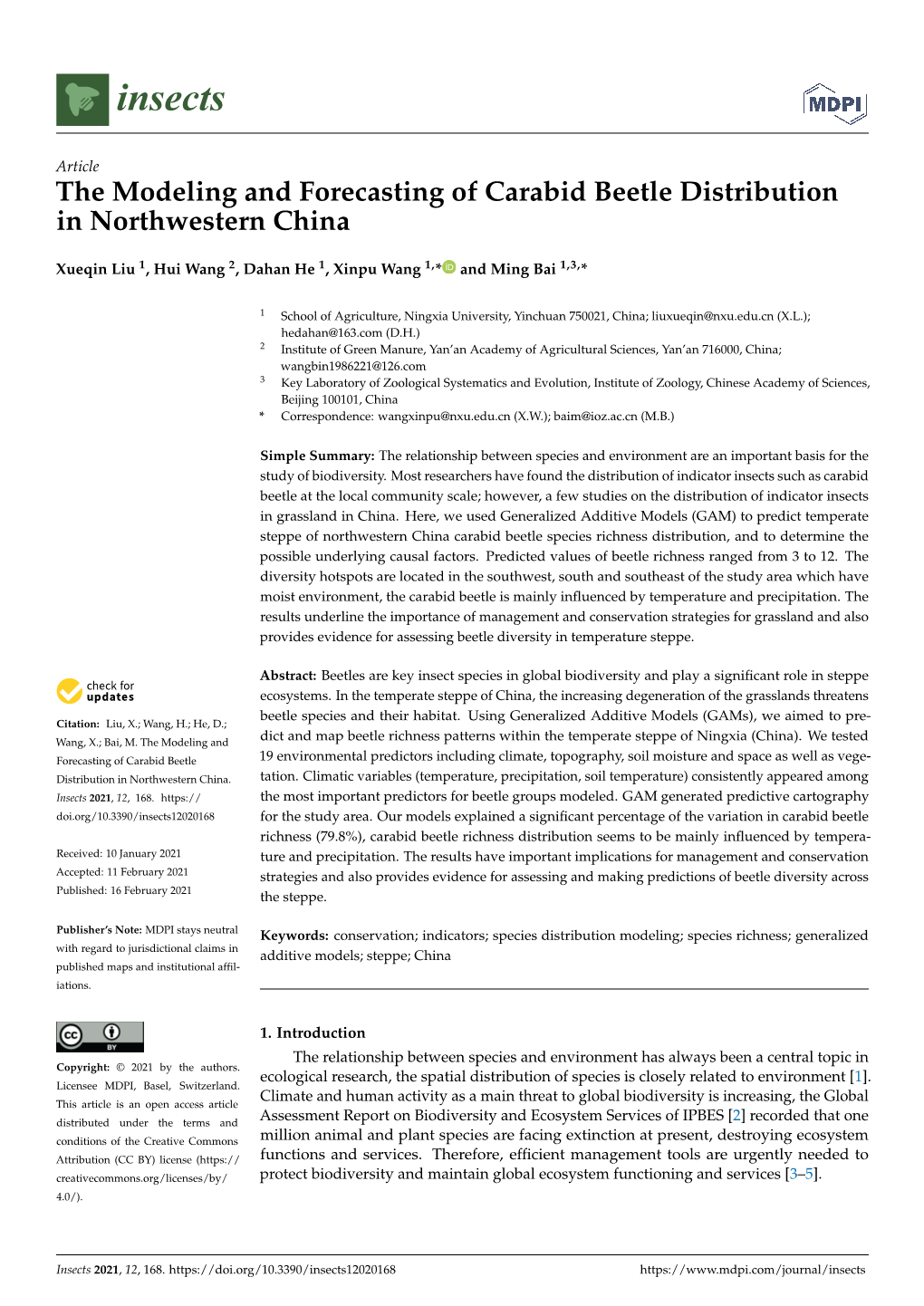 The Modeling and Forecasting of Carabid Beetle Distribution in Northwestern China