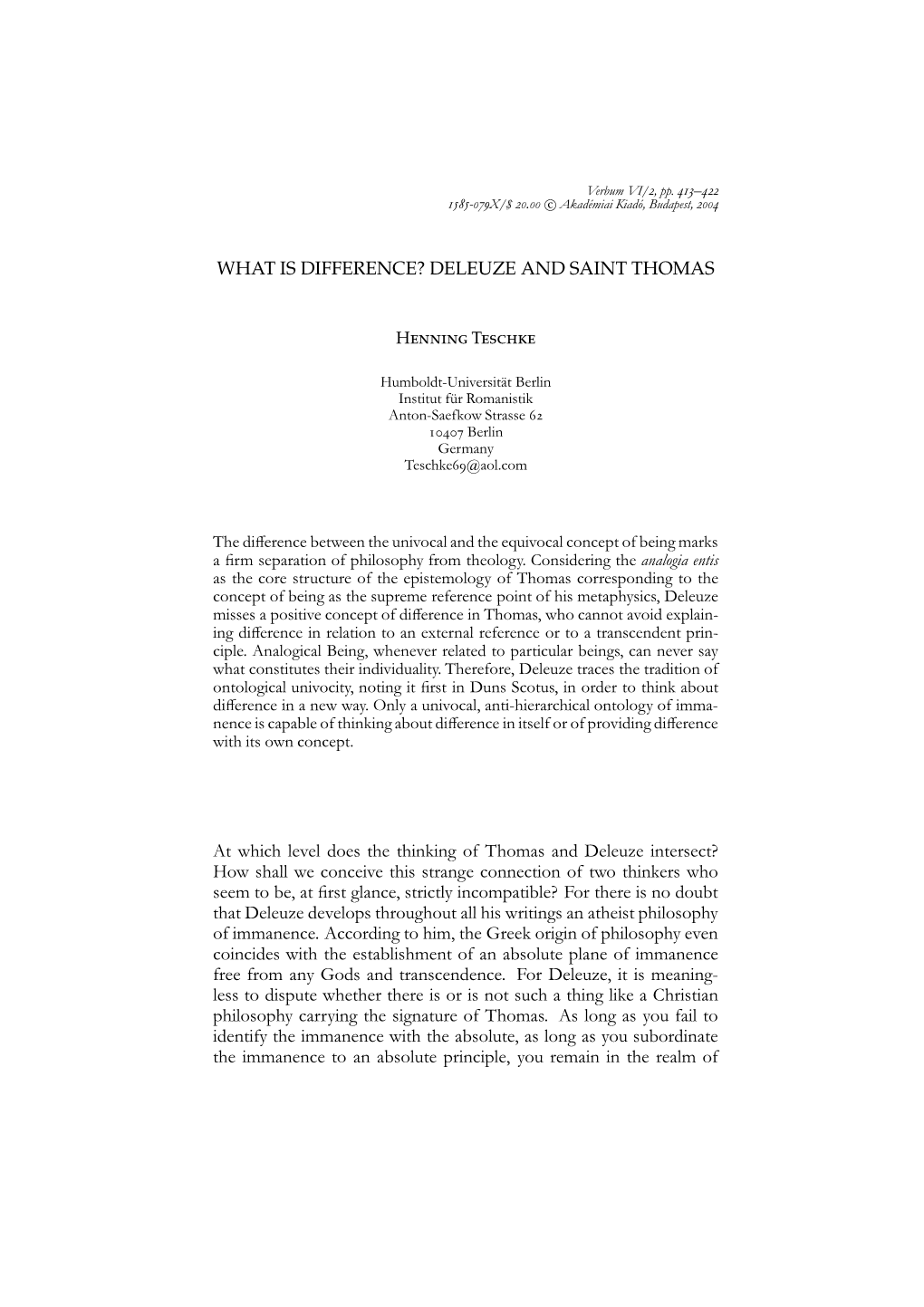 What Is Difference? Deleuze and Saint Thomas