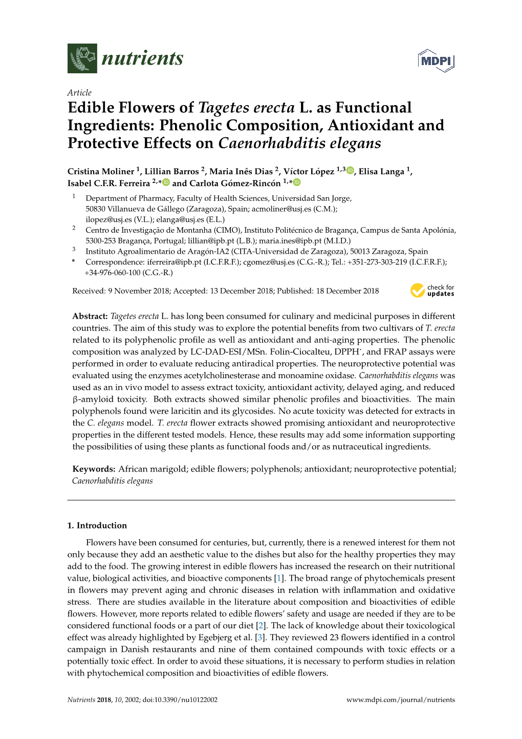 Edible Flowers of Tagetes Erecta L. As Functional Ingredients: Phenolic Composition, Antioxidant and Protective Effects on Caenorhabditis Elegans