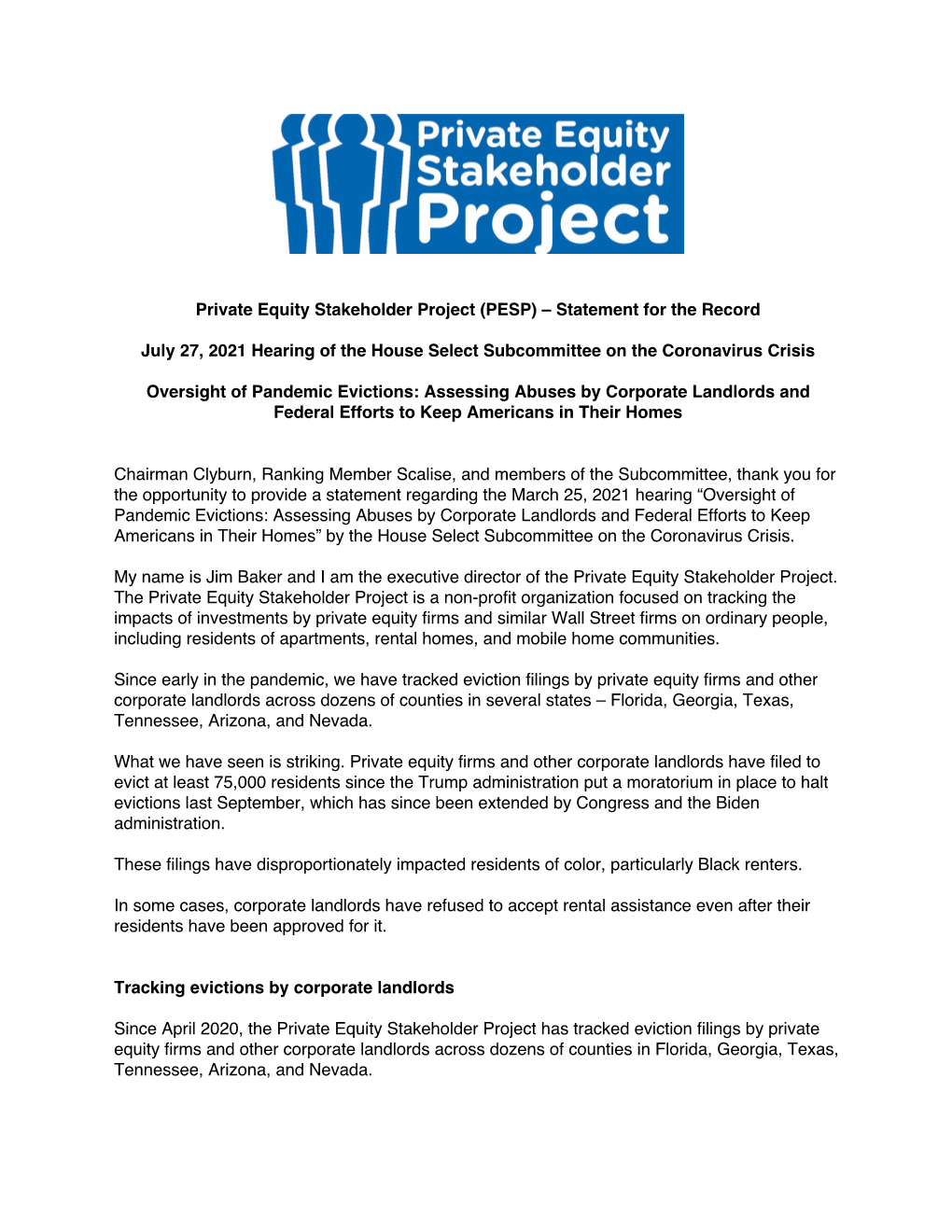 Private Equity Stakeholder Project (PESP) – Statement for the Record