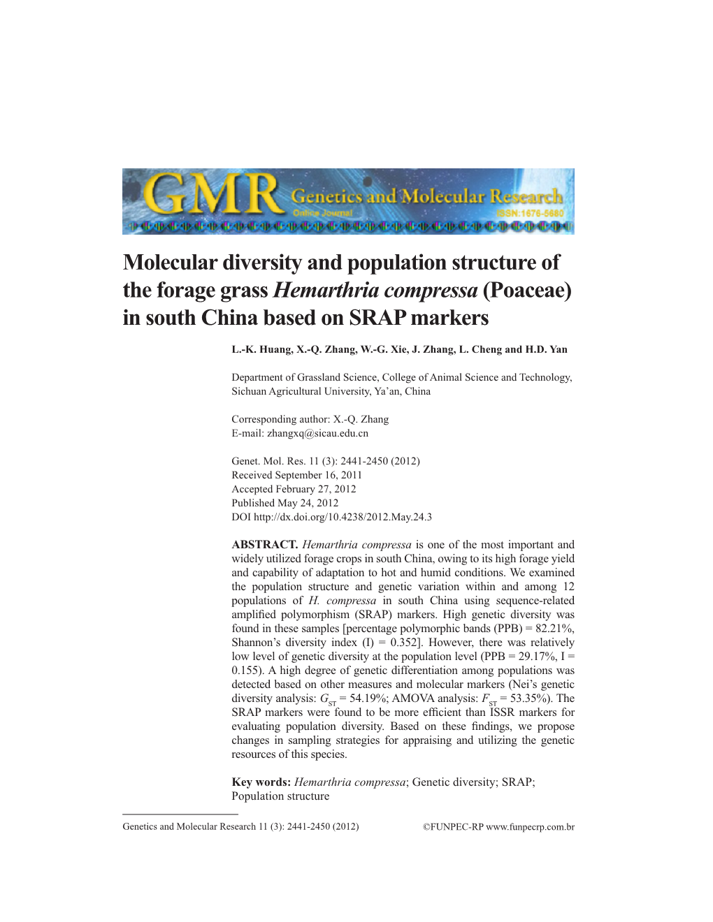 Molecular Diversity and Population Structure of the Forage Grass Hemarthria Compressa (Poaceae) in South China Based on SRAP Markers