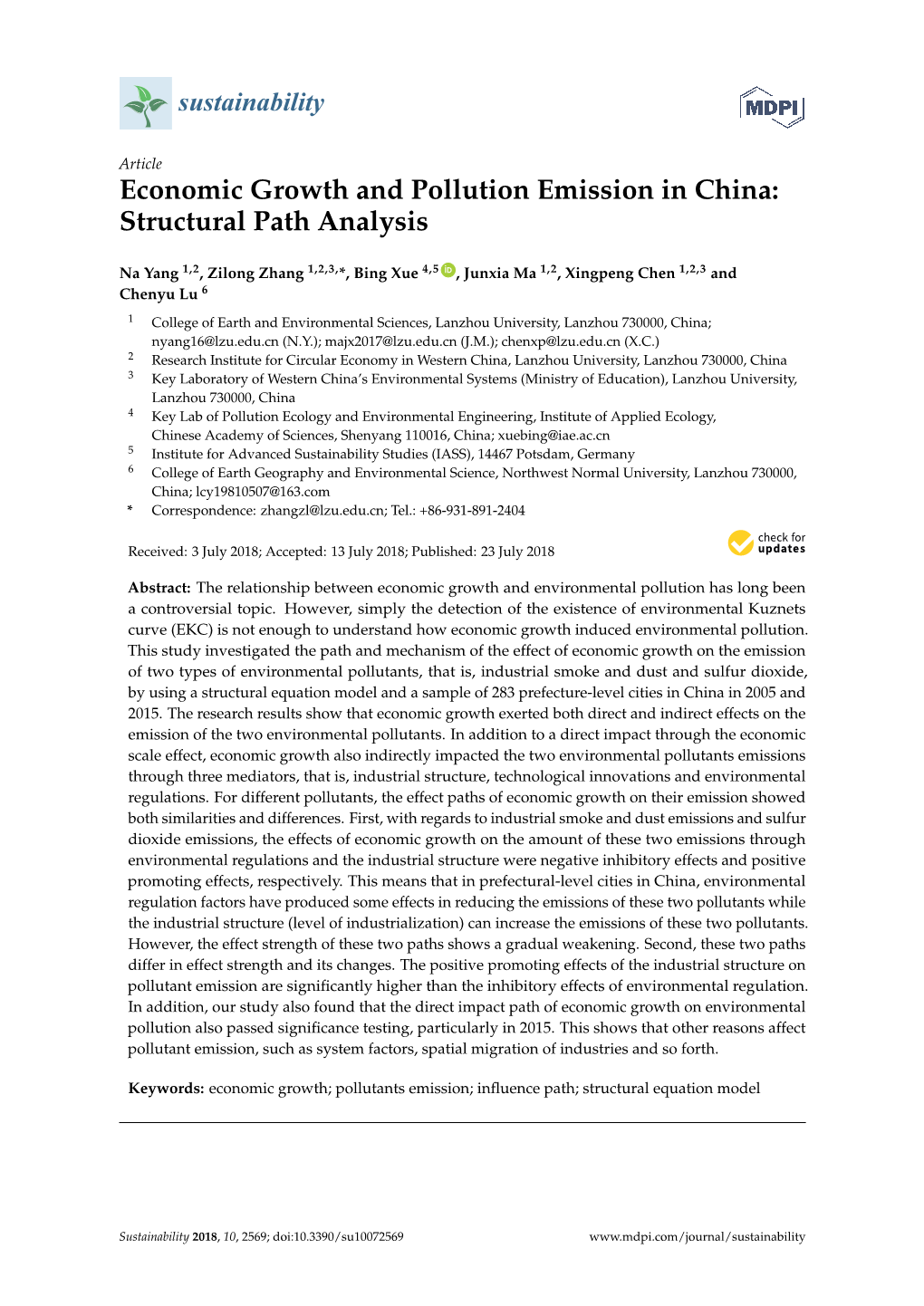 Economic Growth and Pollution Emission in China: Structural Path Analysis