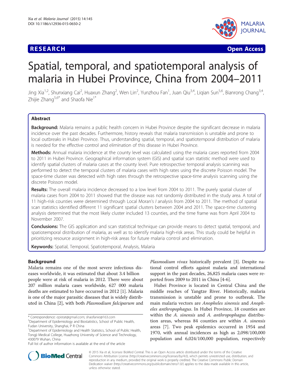 Spatial, Temporal, and Spatiotemporal Analysis of Malaria in Hubei