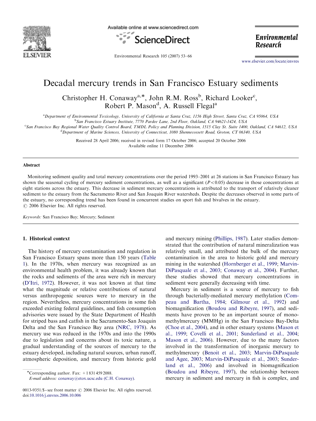 Decadal Mercury Trends in San Francisco Estuary Sediments