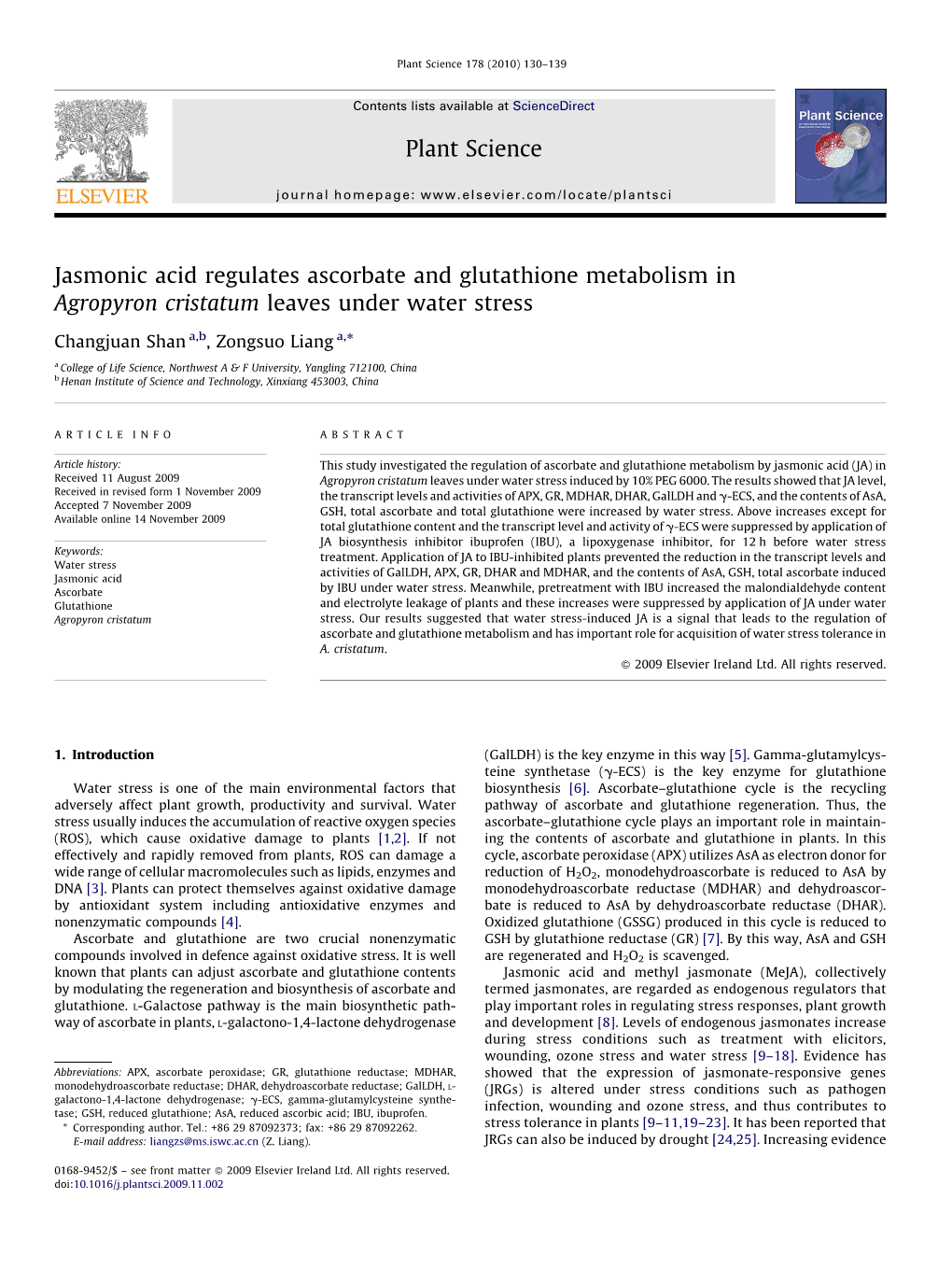 Jasmonic Acid Regulates Ascorbate and Glutathione Metabolism in Agropyron Cristatum Leaves Under Water Stress