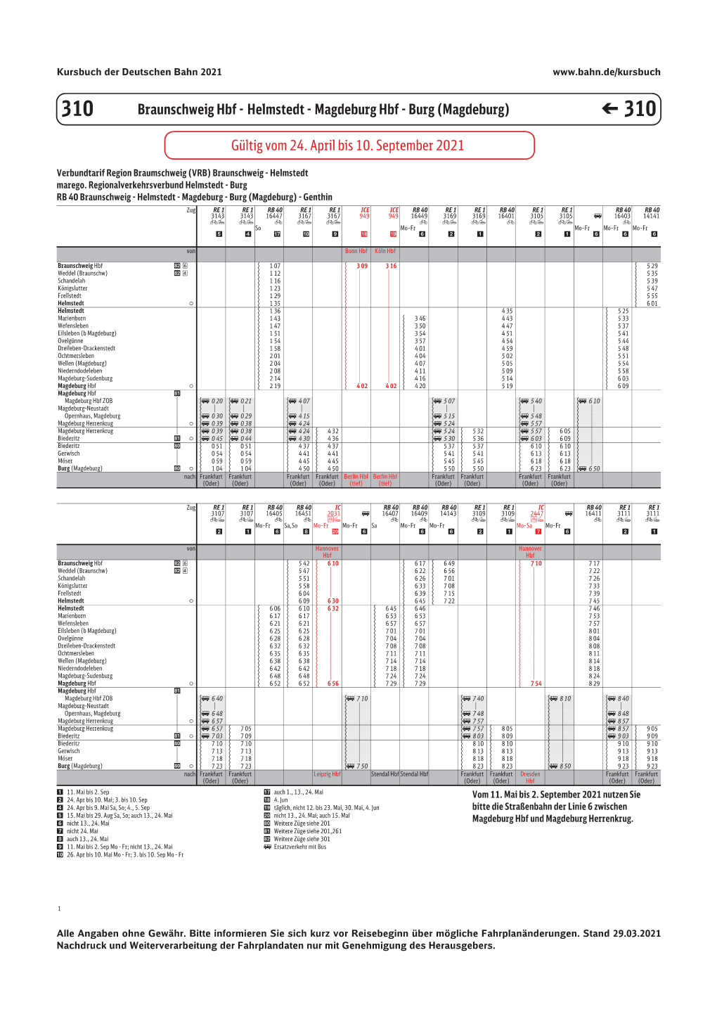 Fahrplan Braunschweig Hbf – Burg (Magdeburg) 24.04. – 10.09.2021