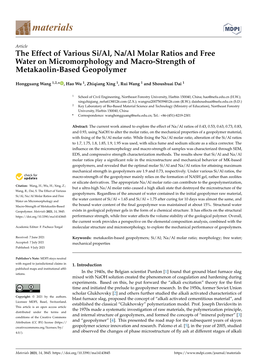 The Effect of Various Si/Al, Na/Al Molar Ratios and Free Water on Micromorphology and Macro-Strength of Metakaolin-Based Geopolymer