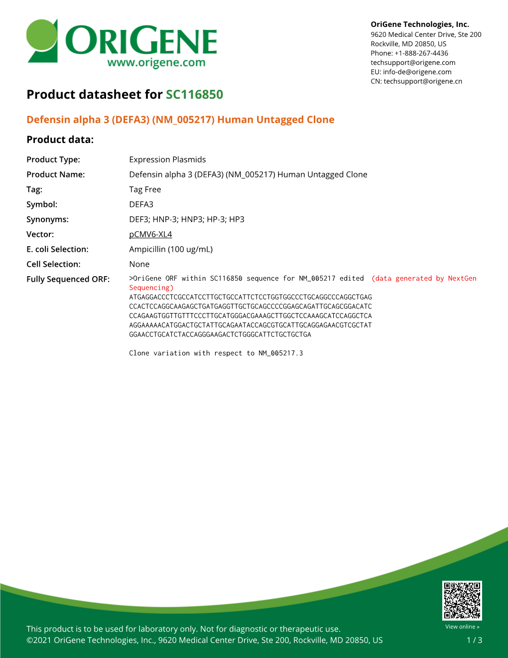 (DEFA3) (NM 005217) Human Untagged Clone Product Data