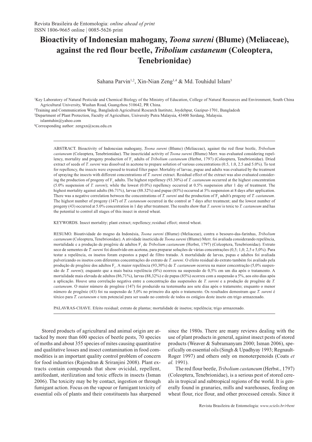 Bioactivity of Indonesian Mahogany, Toona Sureni (Blume) (Meliaceae), Against the Red Flour Beetle, Tribolium Castaneum (Coleoptera, Tenebrionidae)