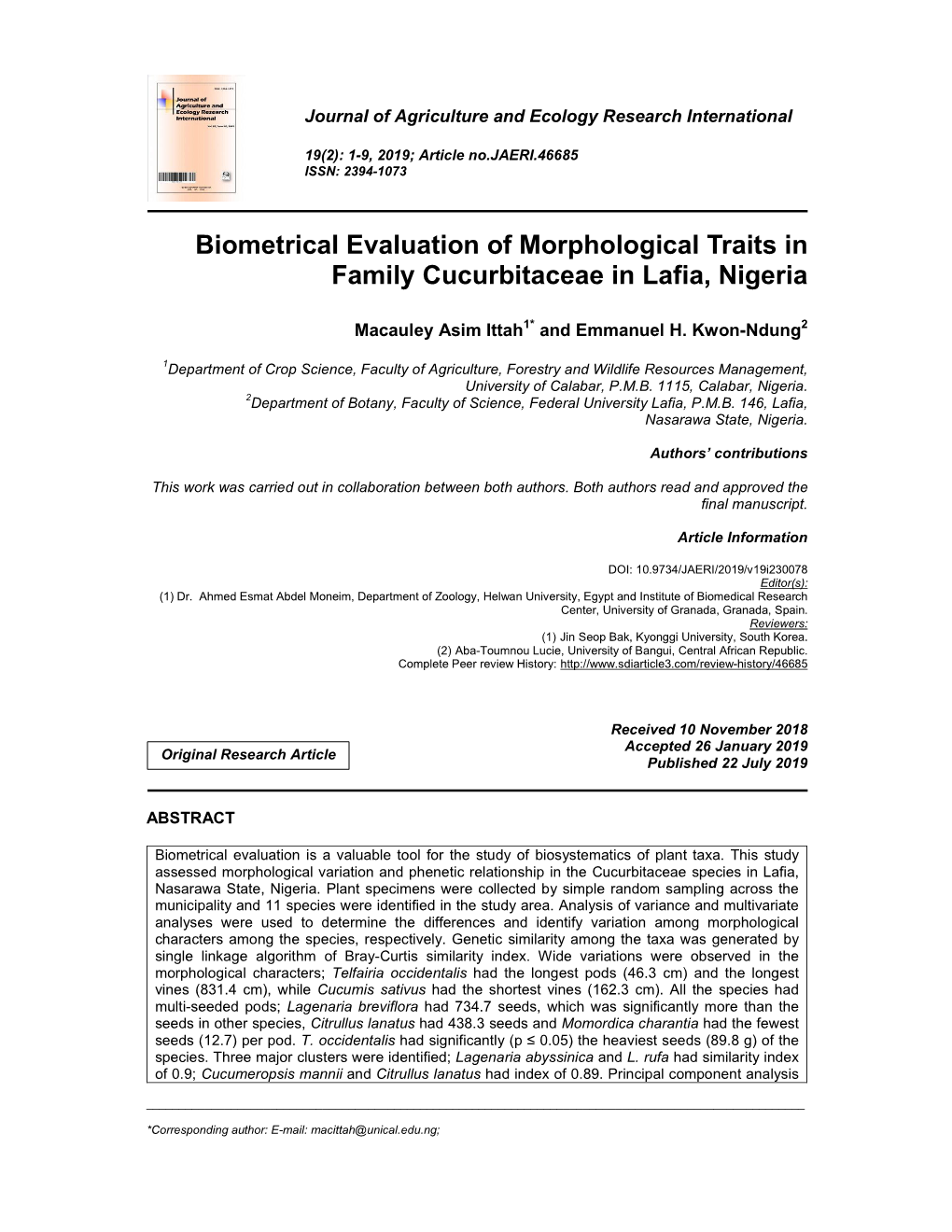 Biometrical Evaluation of Morphological Traits in Family Cucurbitaceae in Lafia, Nigeria