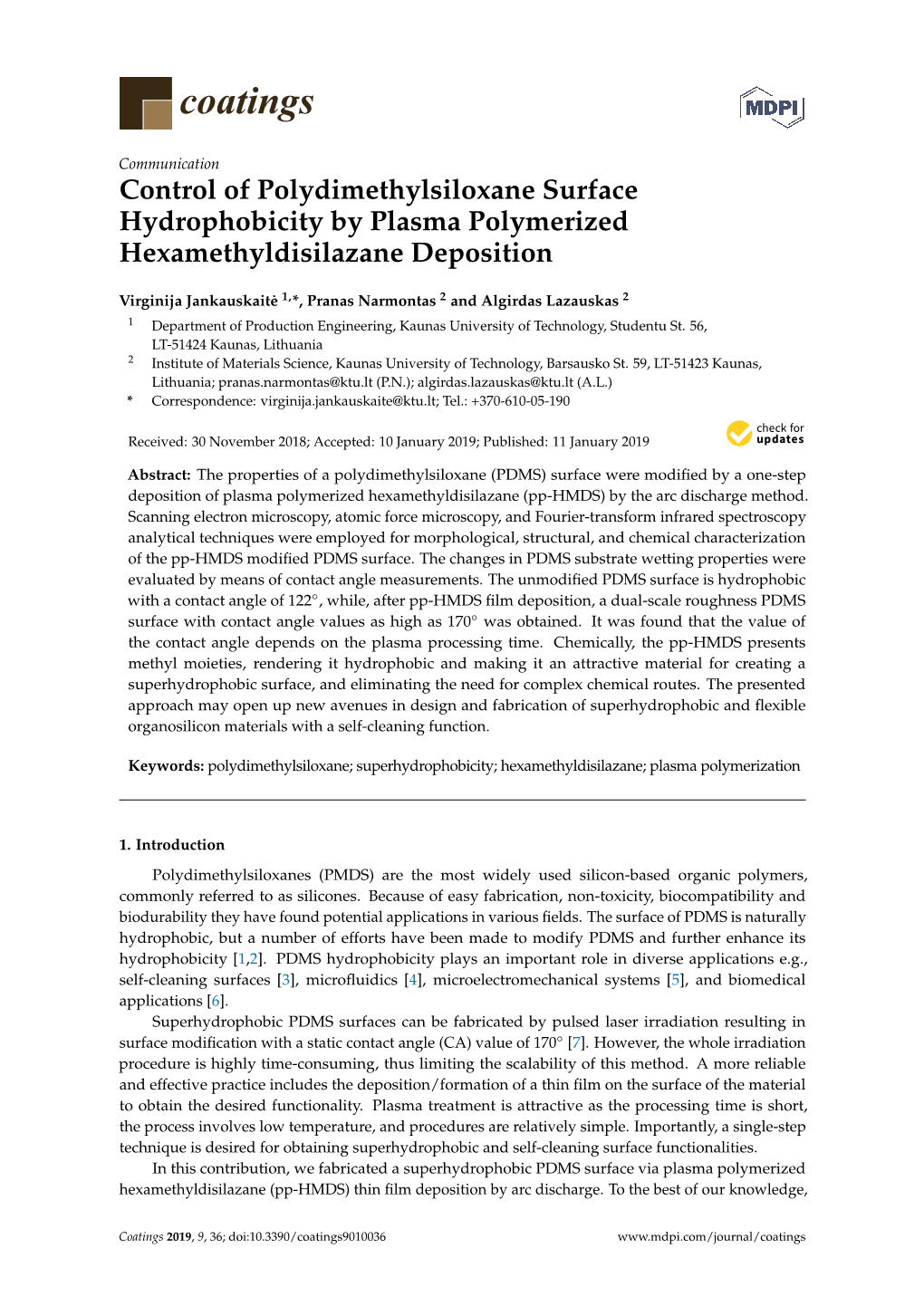 Control of Polydimethylsiloxane Surface Hydrophobicity by Plasma Polymerized Hexamethyldisilazane Deposition