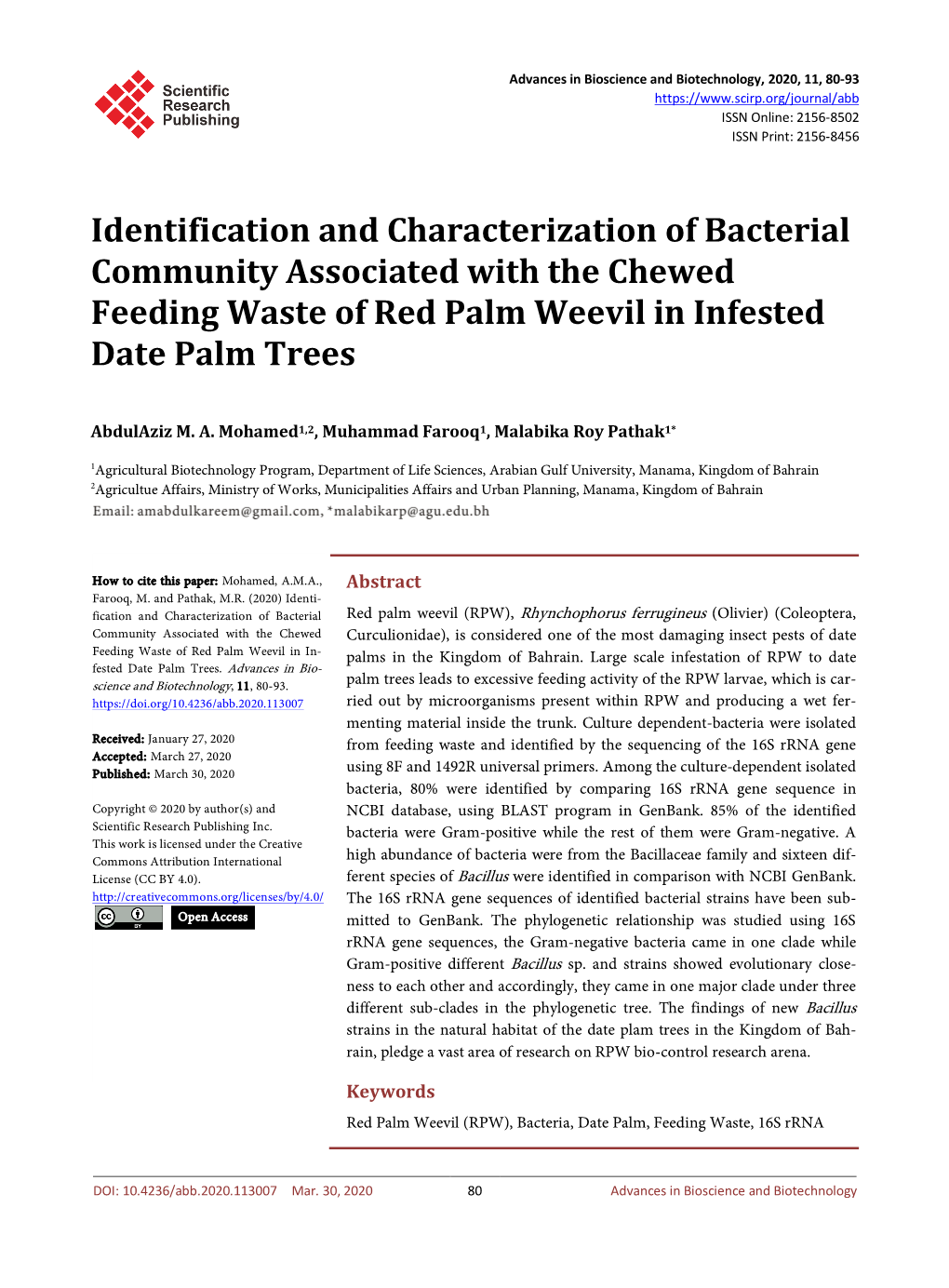 Identification and Characterization of Bacterial Community Associated with the Chewed Feeding Waste of Red Palm Weevil in Infested Date Palm Trees