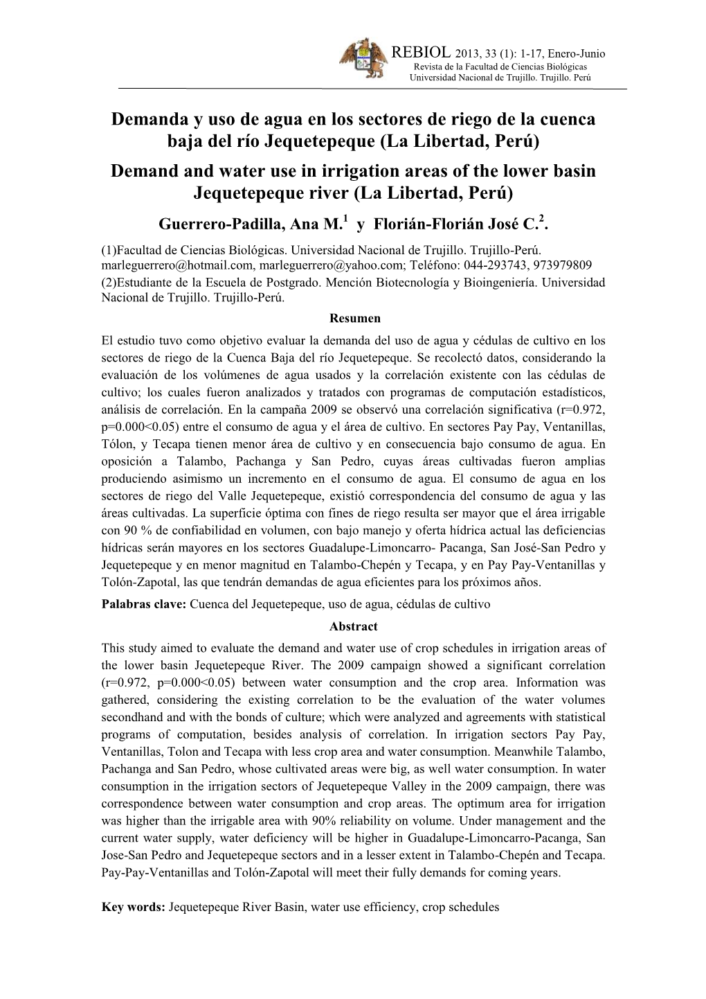 Demanda Y Uso De Agua En Los Sectores De Riego De La Cuenca Baja Del Río Jequetepeque (La Libertad, Perú)