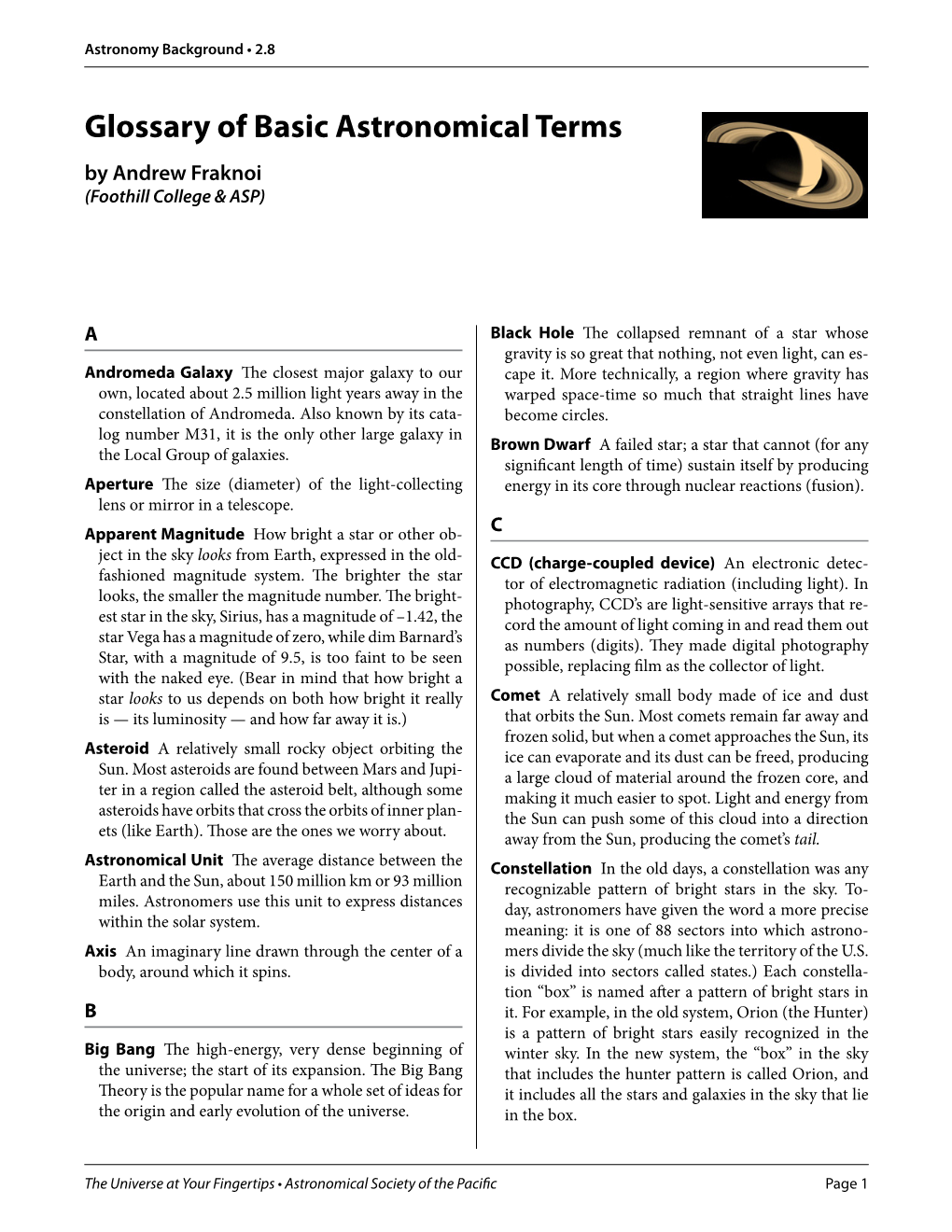 Glossary of Basic Astronomical Terms by Andrew Fraknoi (Foothill College & ASP)