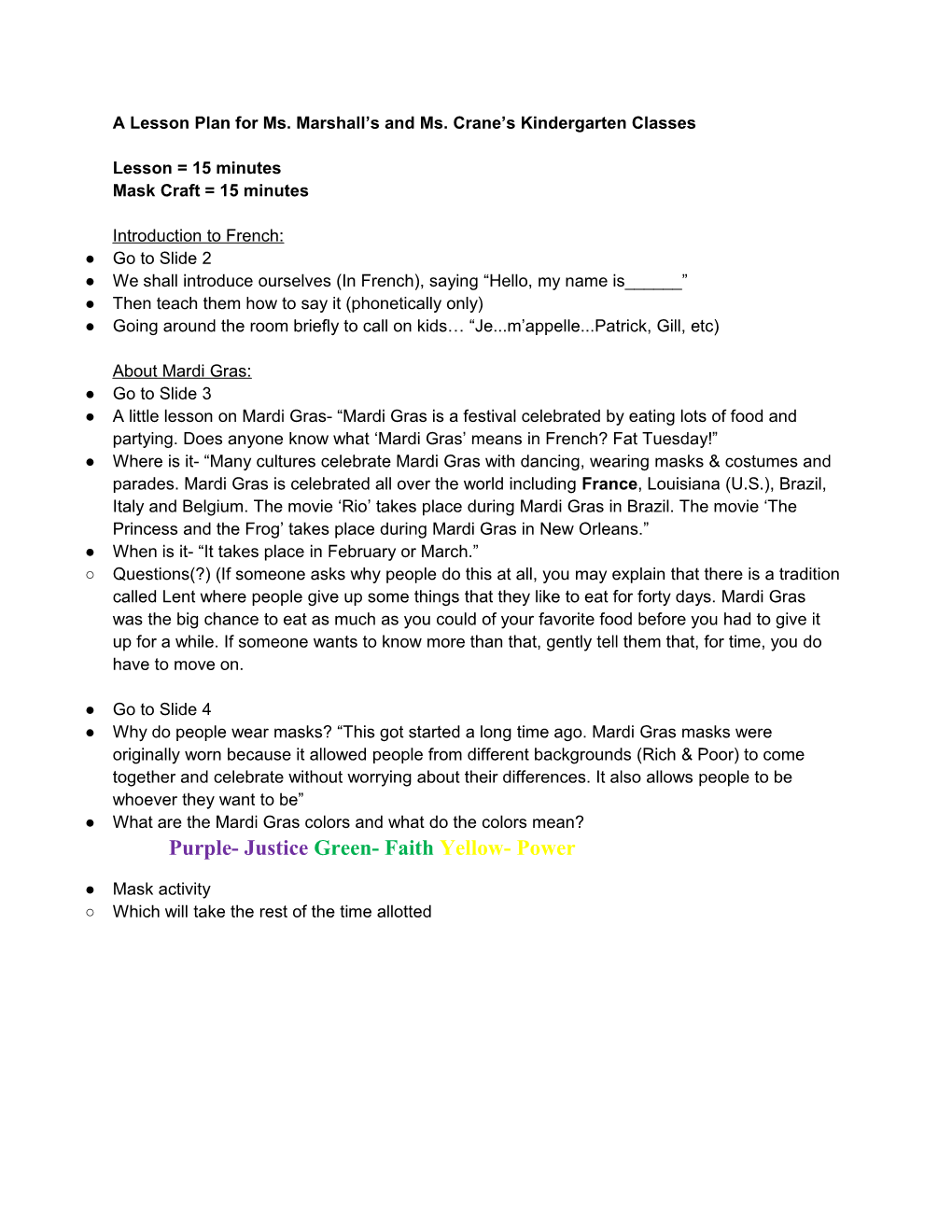 A Lesson Plan for Ms. Marshall S and Ms. Crane S Kindergarten Classes