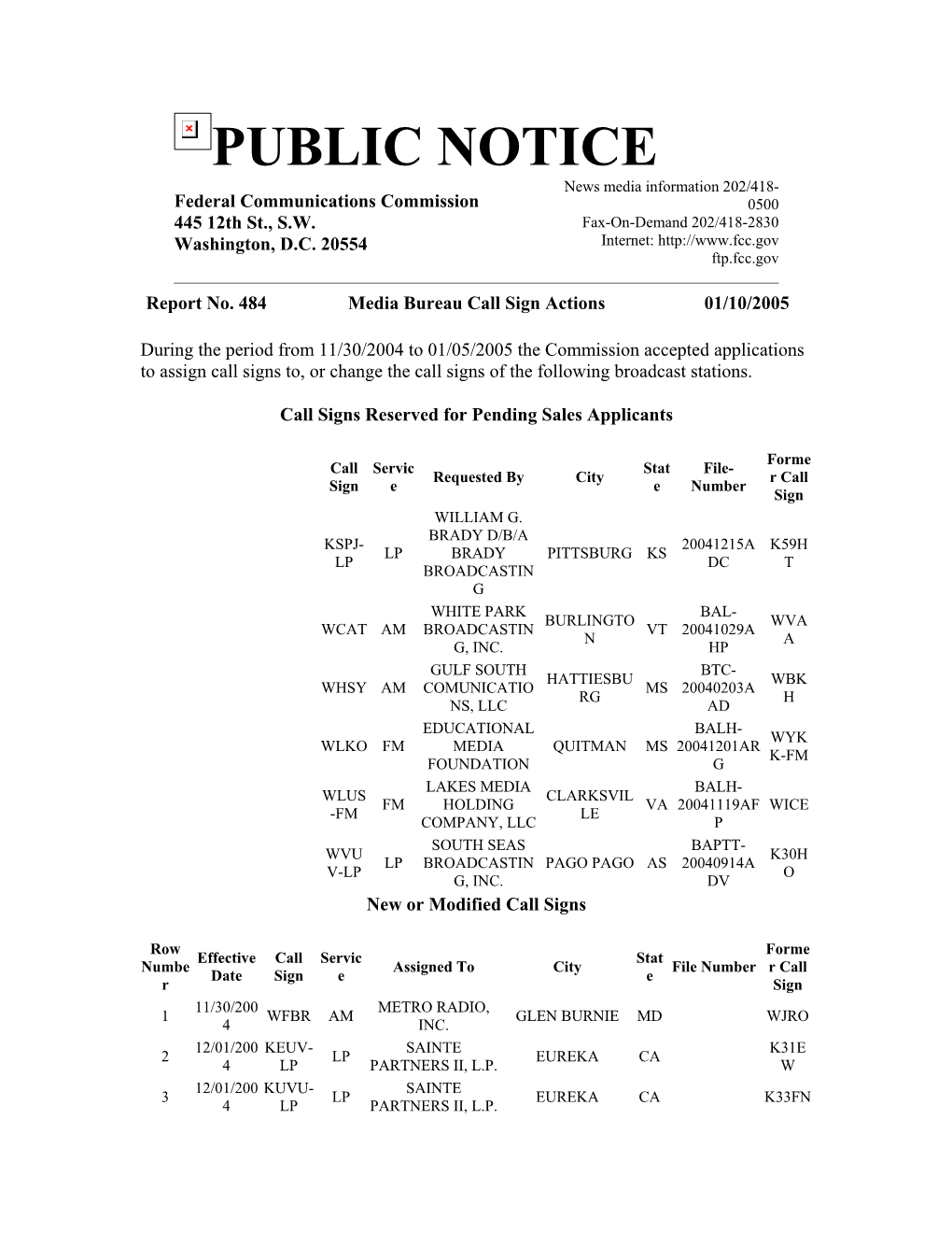 PUBLIC NOTICE News Media Information 202/418- Federal Communications Commission 0500 445 12Th St., S.W