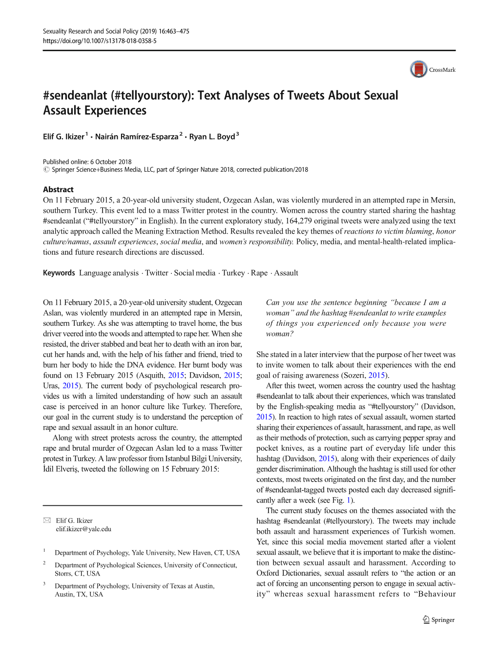 Sendeanlat (#Tellyourstory): Text Analyses of Tweets About Sexual Assault Experiences