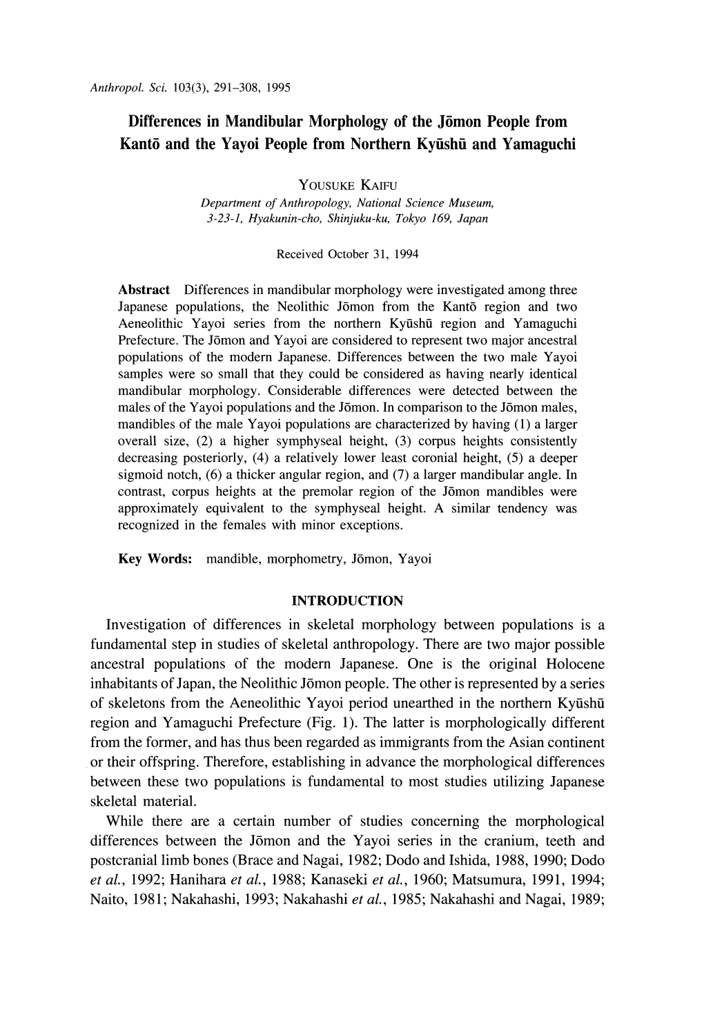 Differences in Mandibular Morphology of the Jomon People from Kanto