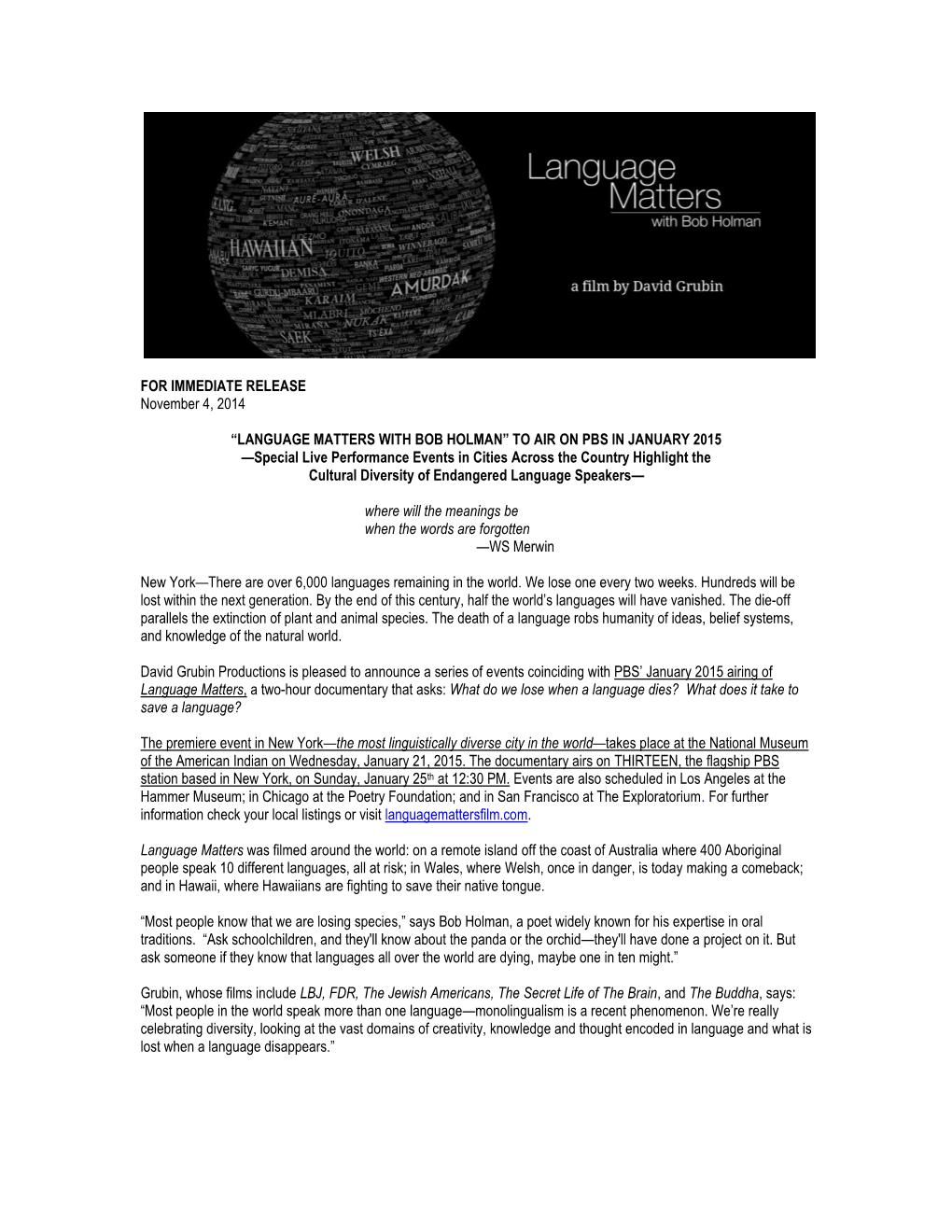 FOR IMMEDIATE RELEASE November 4, 2014 “LANGUAGE