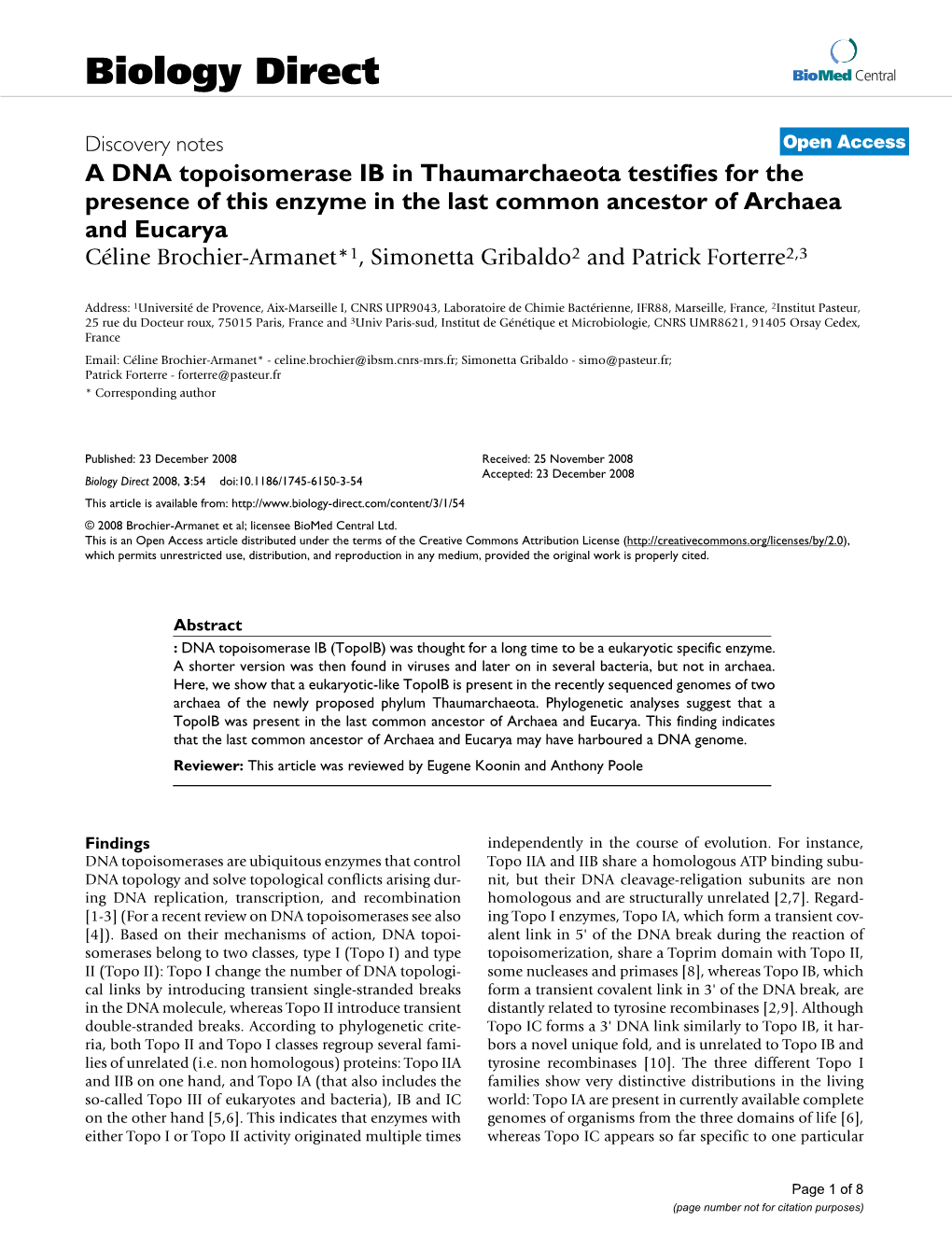 A DNA Topoisomerase IB in Thaumarchaeota Testifies for The