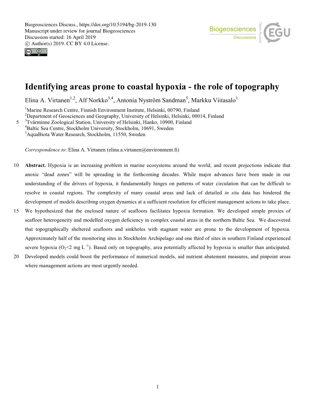 Identifying Areas Prone to Coastal Hypoxia - the Role of Topography Elina A