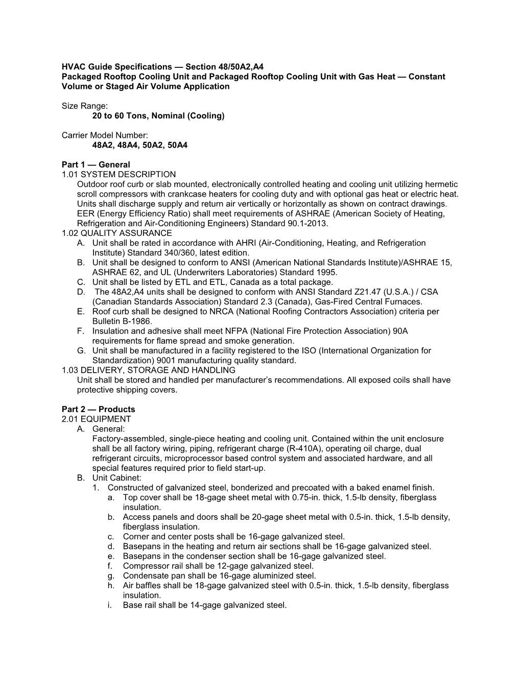 48A2, 48A4, 50A2, 50A4 Guide Specifications, Constant Volume, 20 to 60 Tons, Nominal (Cooling)