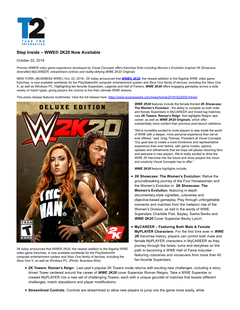 WWE® 2K20 Now Available