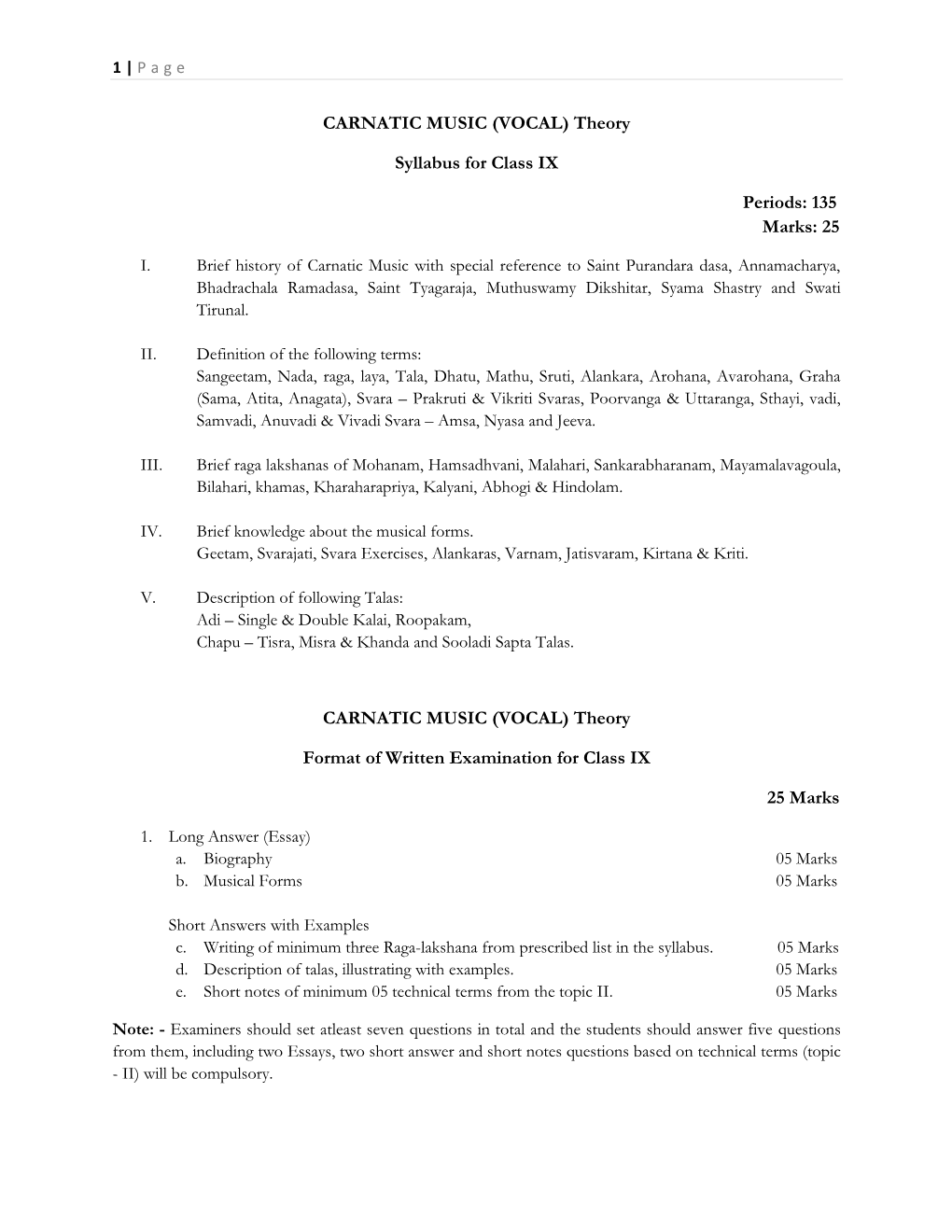 CARNATIC MUSIC (VOCAL) Theory Syllabus for Class IX Periods