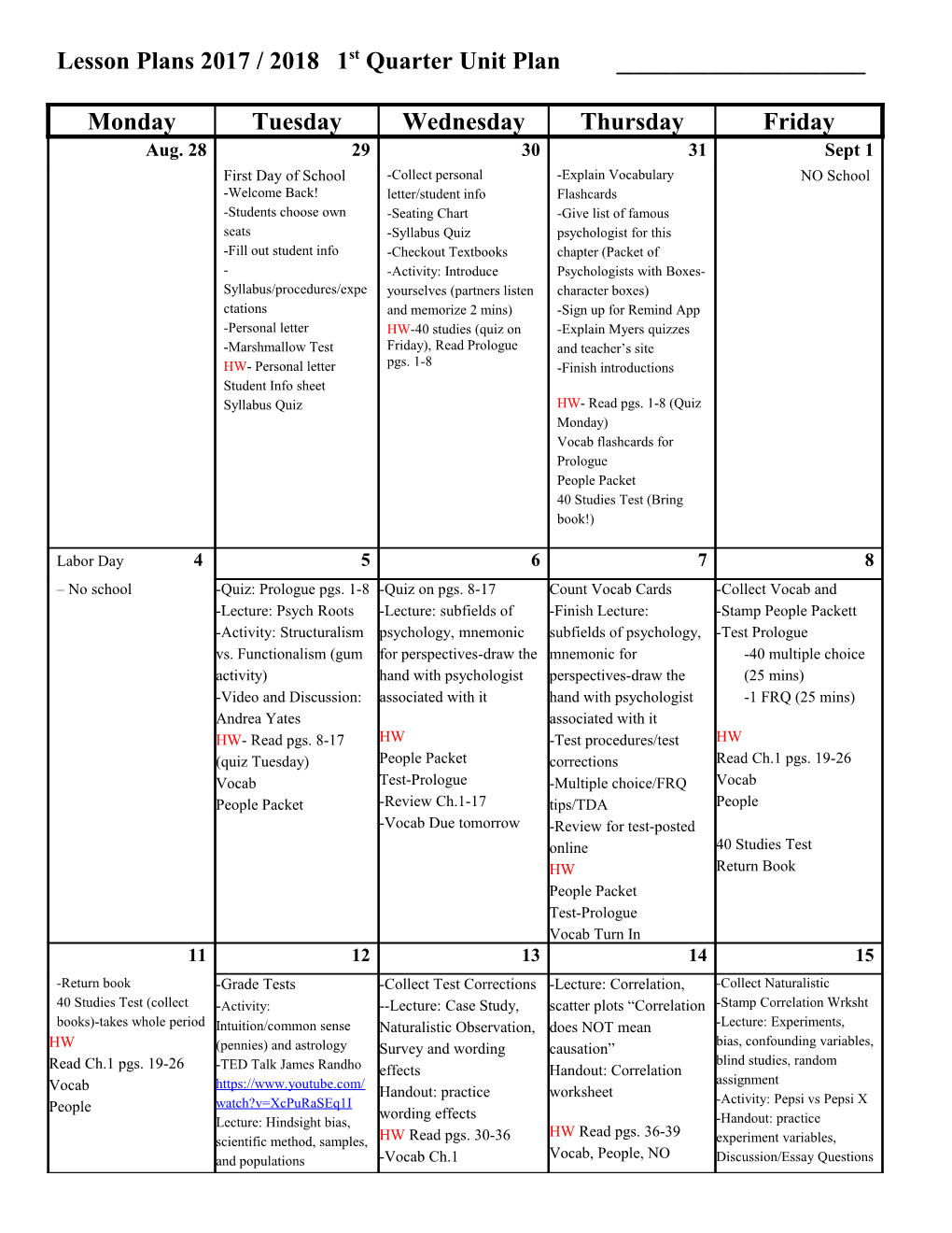 Lesson Plans 2017 / 2018 1St Quarter Unit Plan ______