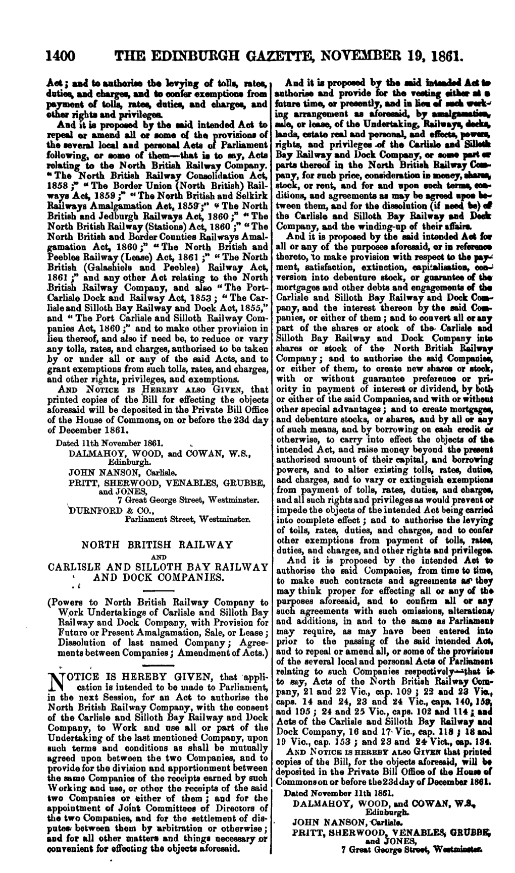 1400 the Edinburgh Gazette, November 19, 1861