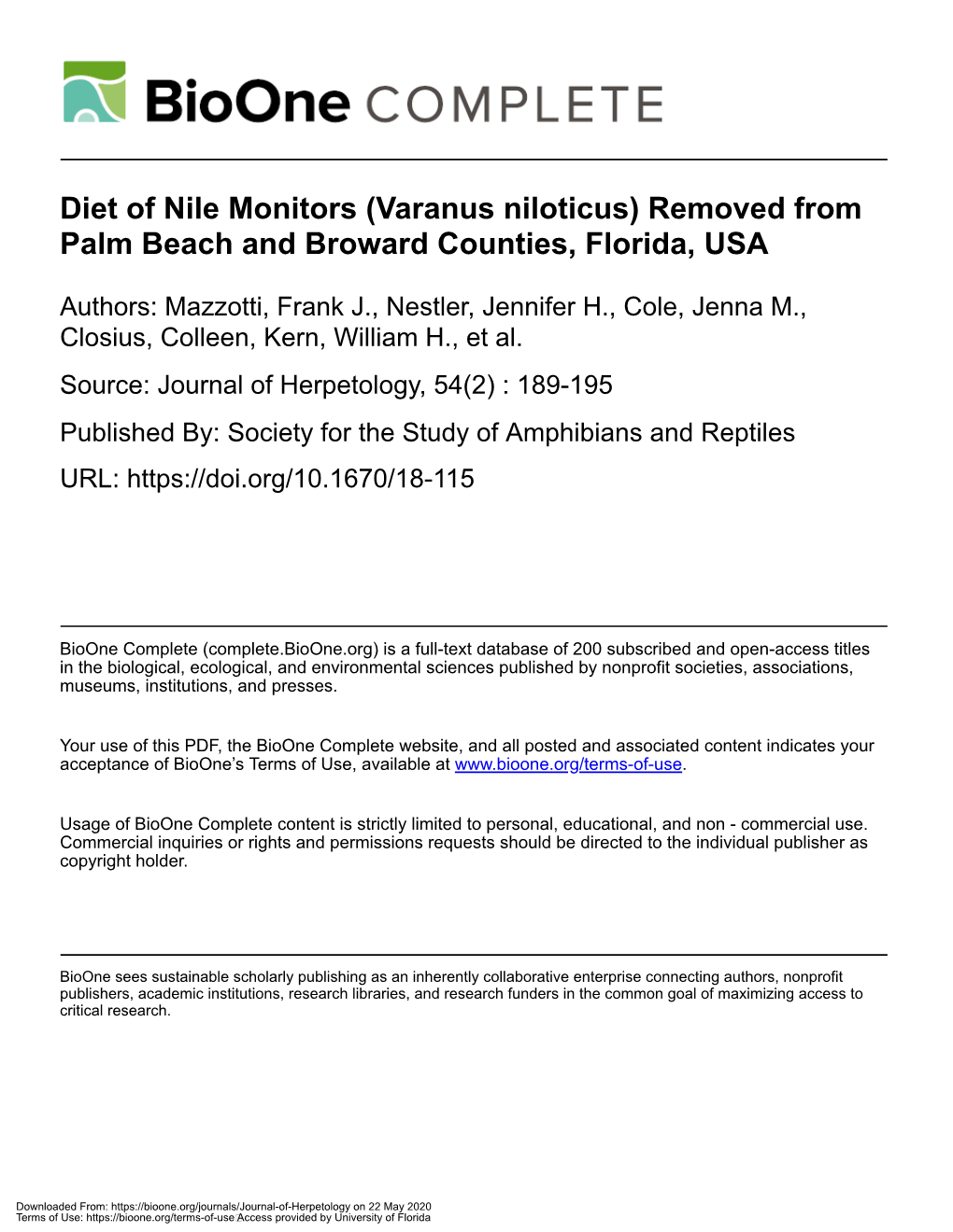 Diet of Nile Monitors (Varanus Niloticus) Removed from Palm Beach and Broward Counties, Florida, USA