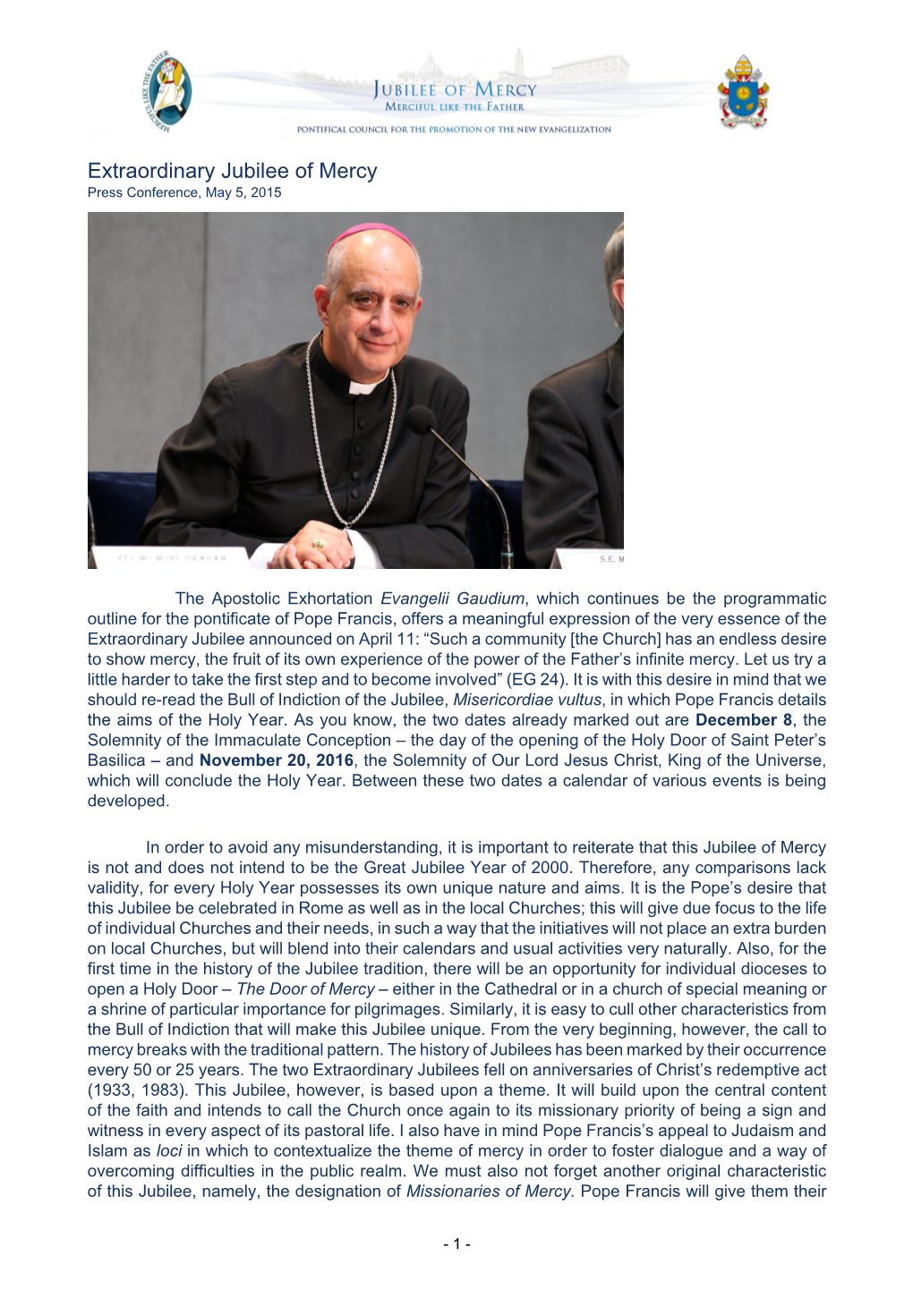 Extraordinary Jubilee of Mercy Press Conference, May 5, 2015