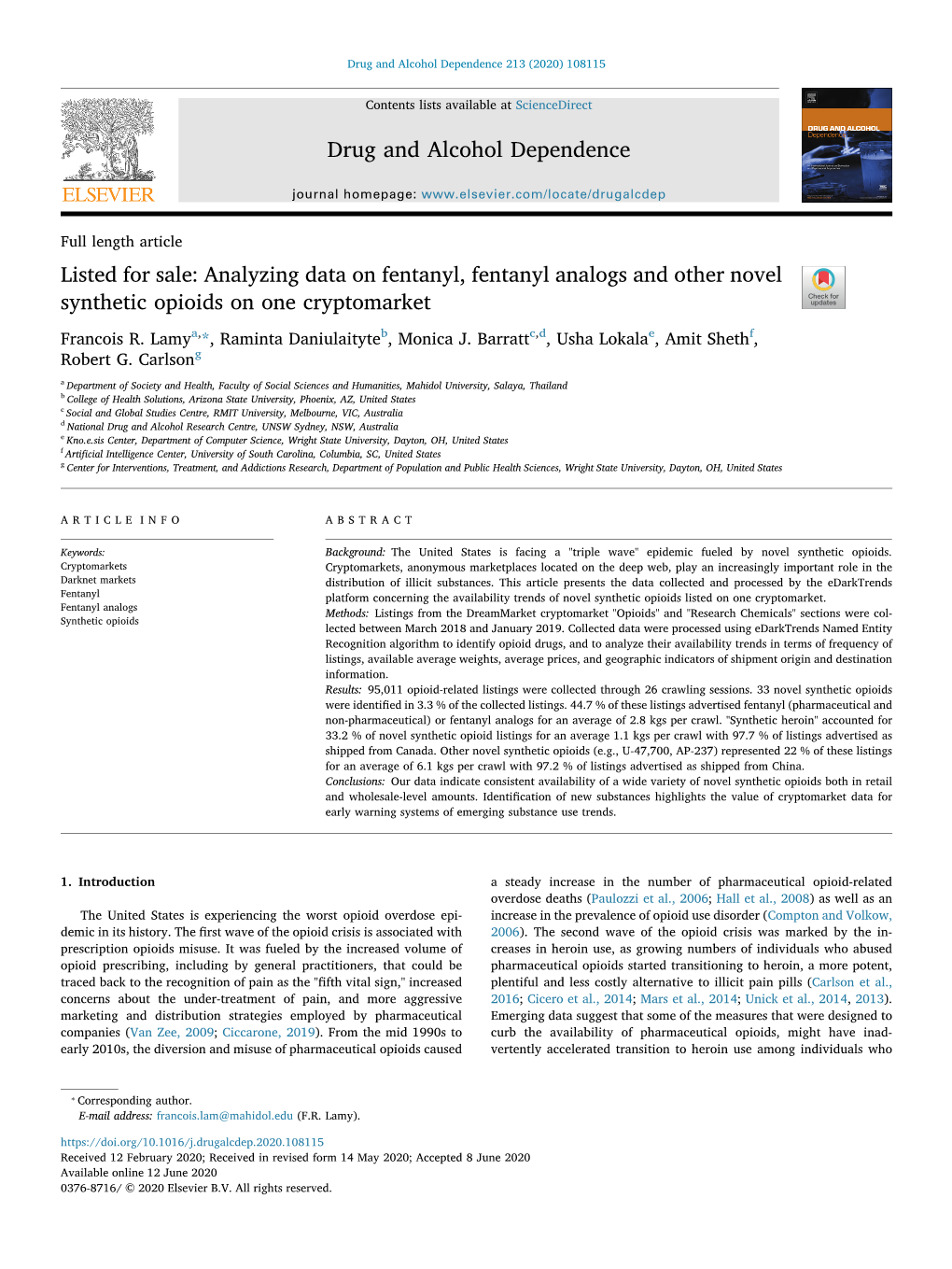 Listed for Sale: Analyzing Data on Fentanyl, Fentanyl Analogs and Other Novel Synthetic Opioids on One Cryptomarket T