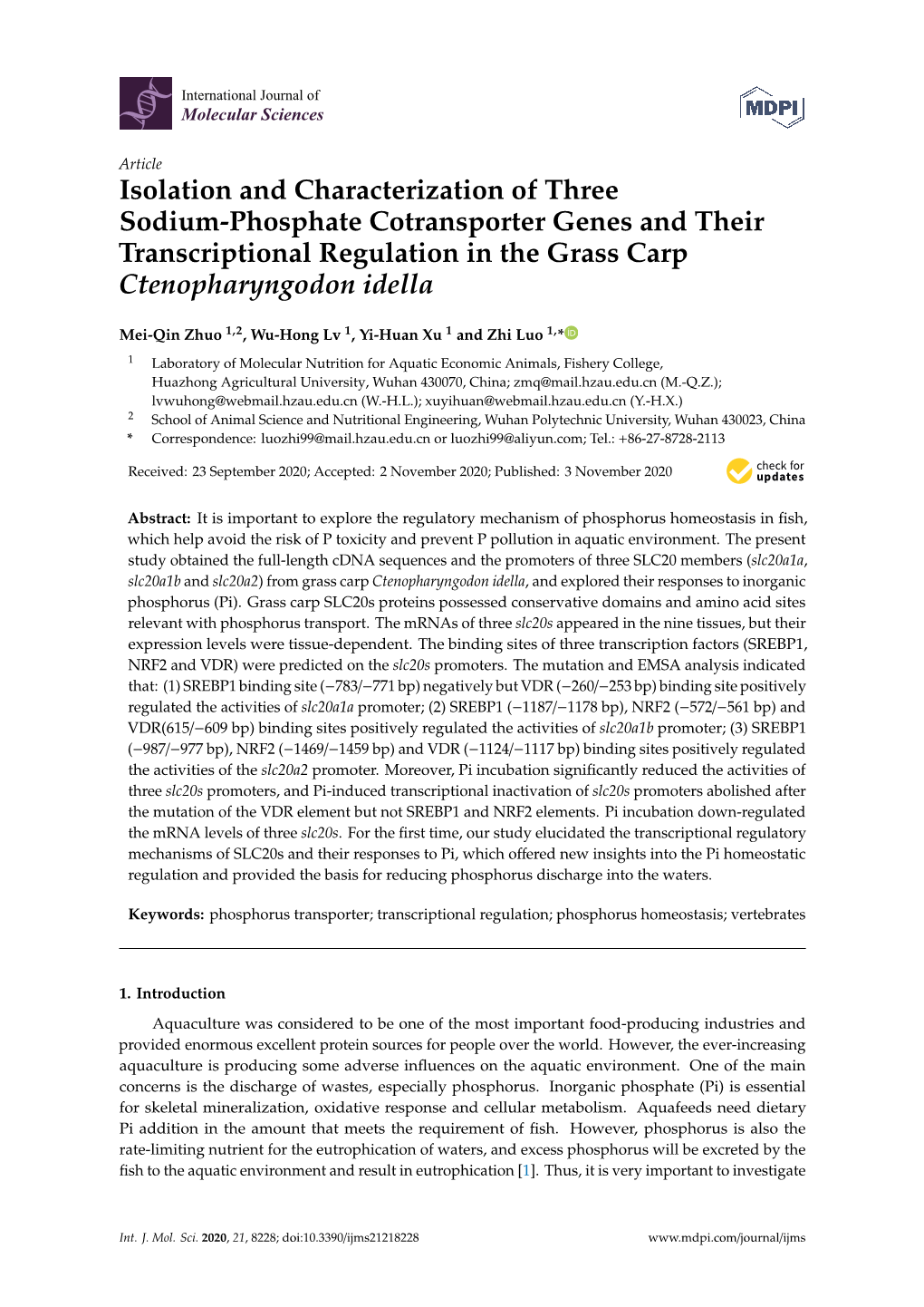 Isolation and Characterization of Three Sodium-Phosphate Cotransporter Genes and Their Transcriptional Regulation in the Grass Carp Ctenopharyngodon Idella