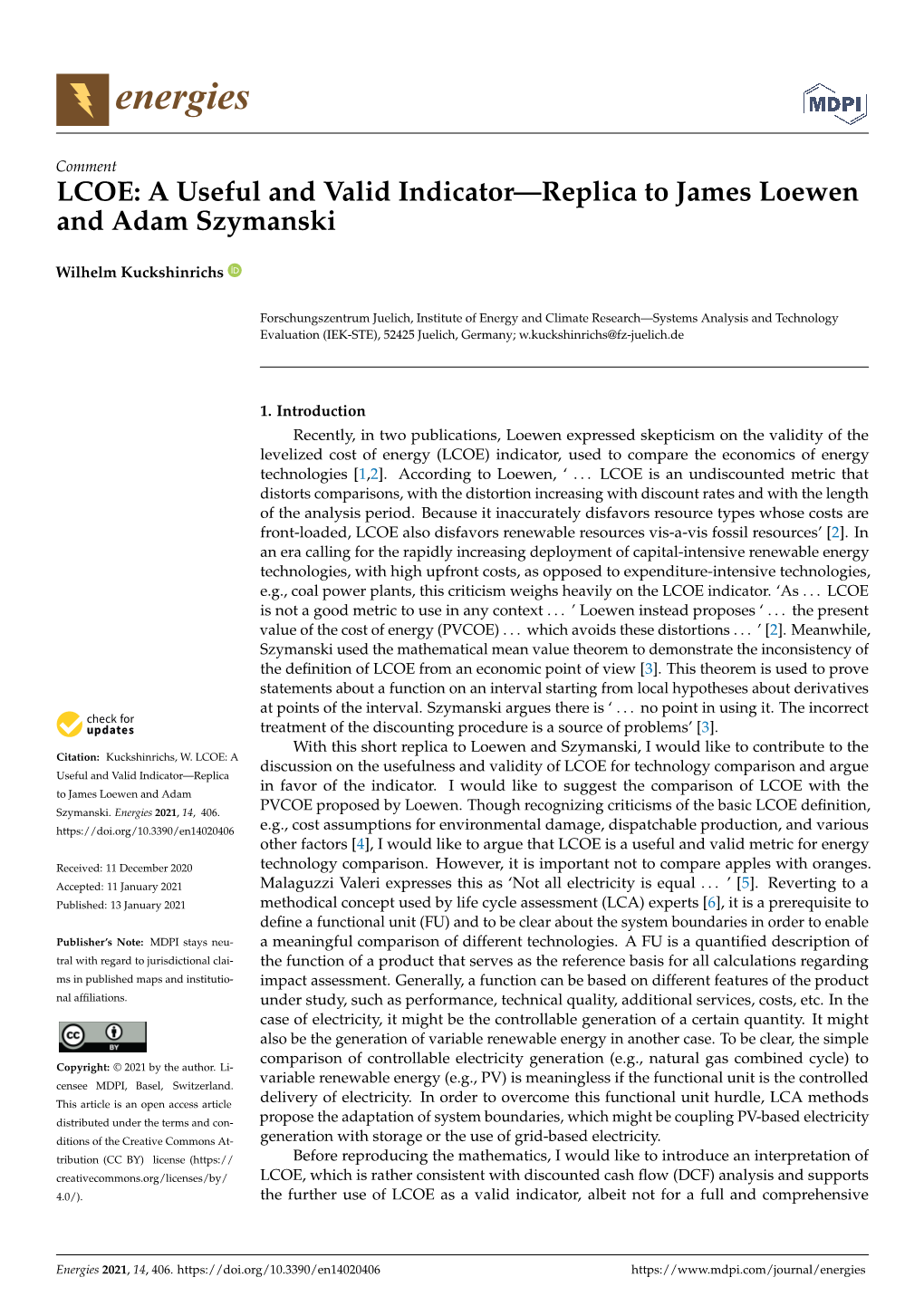 LCOE: a Useful and Valid Indicator—Replica to James Loewen and Adam Szymanski