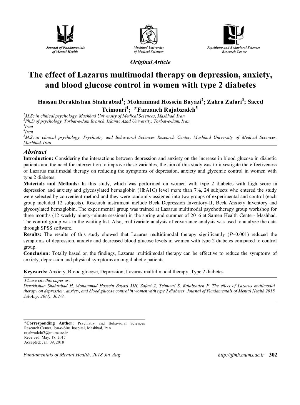 The Effect of Lazarus Multimodal Therapy on Depression, Anxiety, and Blood Glucose Control in Women with Type 2 Diabetes