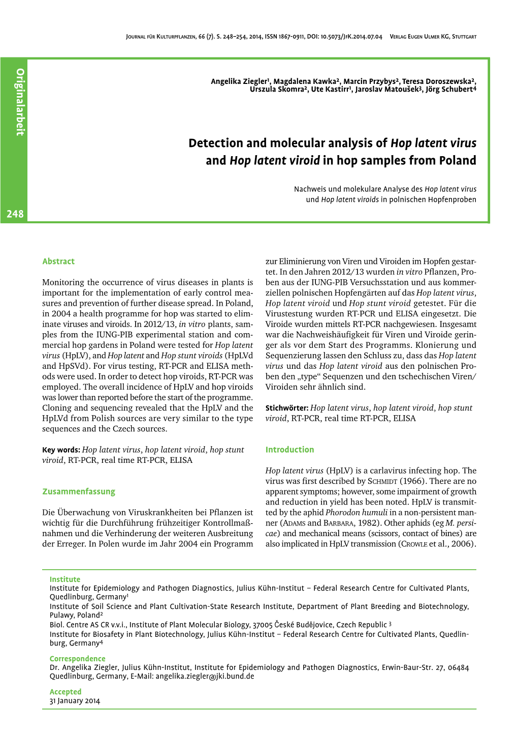 Detection and Molecular Analysis of Hop Latent Virus and Hop Latent Viroid in Hop Samples from Poland