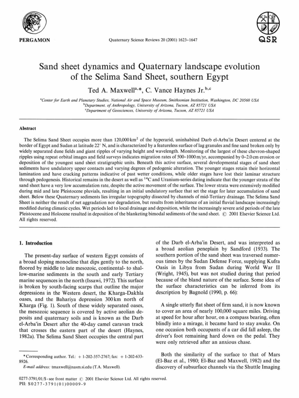 Sand Sheet Dynamics and Quaternary Landscape Evolution of the Selima Sand Sheet, Southern Egypt Ted A