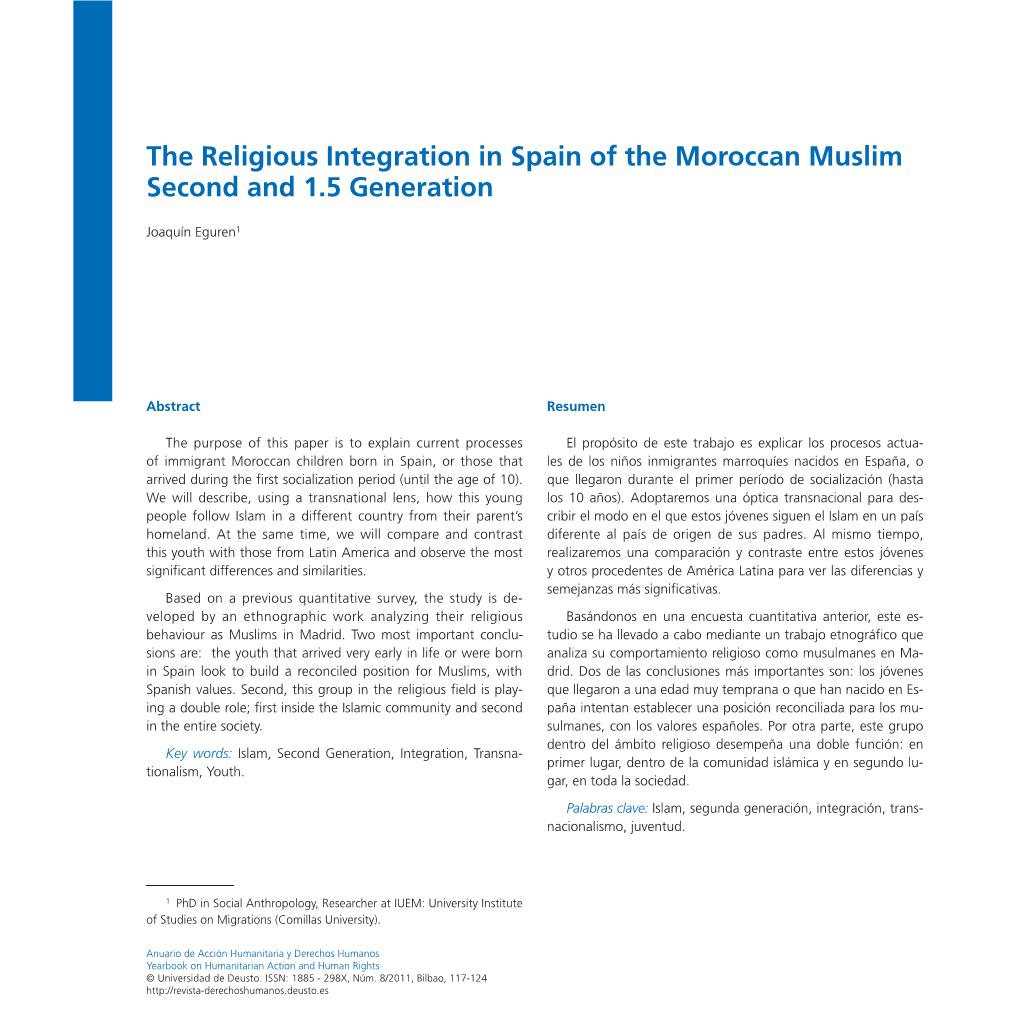 The Religious Integration in Spain of the Moroccan Muslim Second and 1.5 Generation