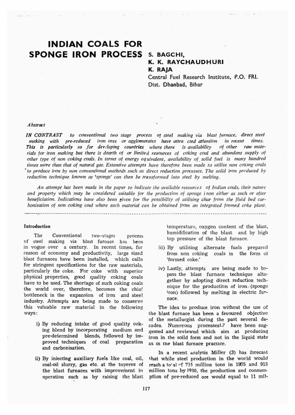 INDIAN COALS for SPONGE IRON PROCESS S. BAGCH1, K