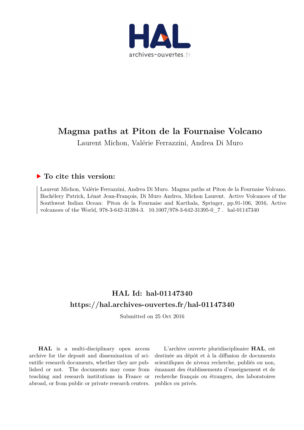 Magma Paths at Piton De La Fournaise Volcano Laurent Michon, Valérie Ferrazzini, Andrea Di Muro