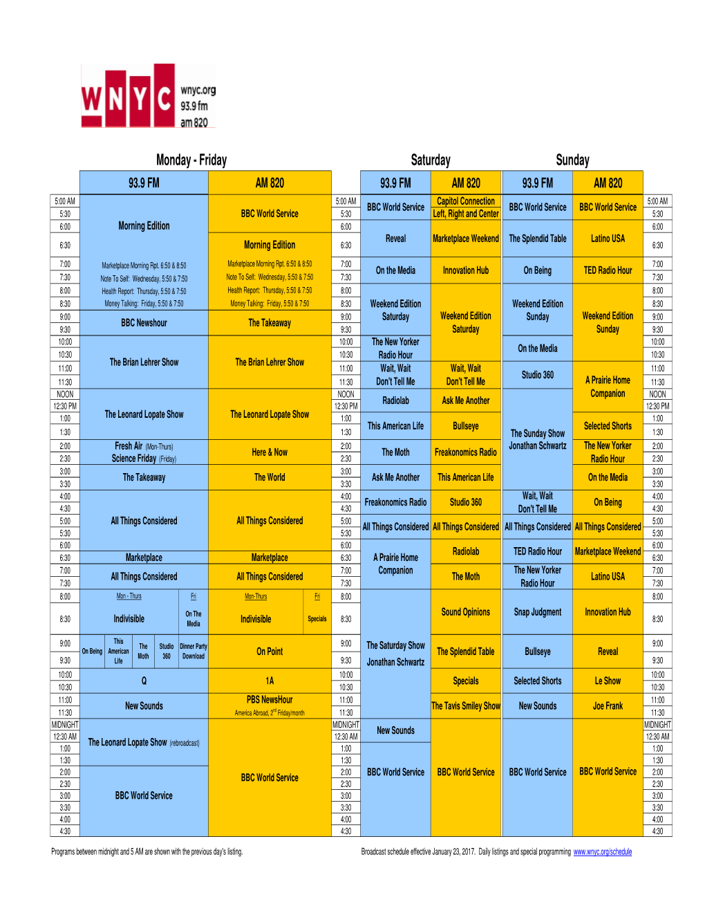 WNYC Schedule Updated 10.29.2016