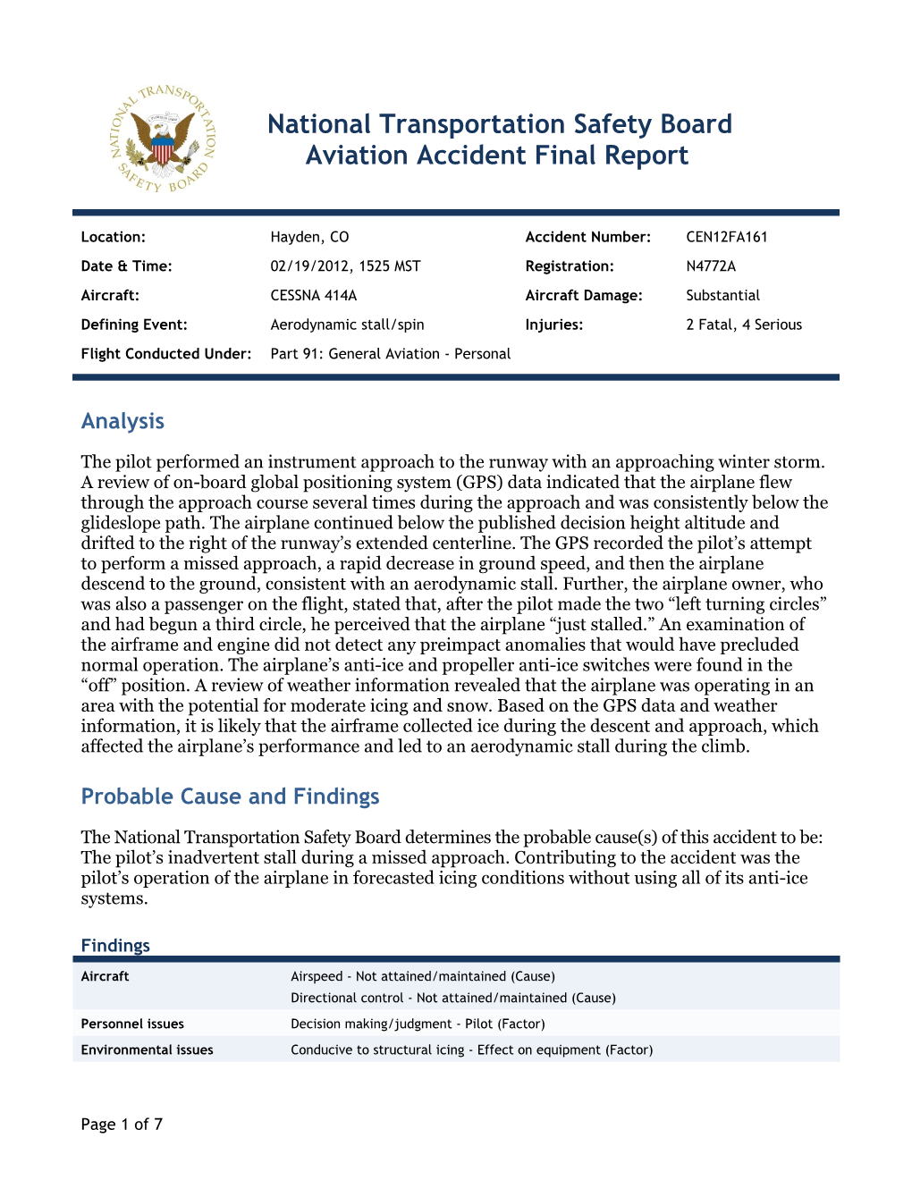 National Transportation Safety Board Aviation Accident Final Report